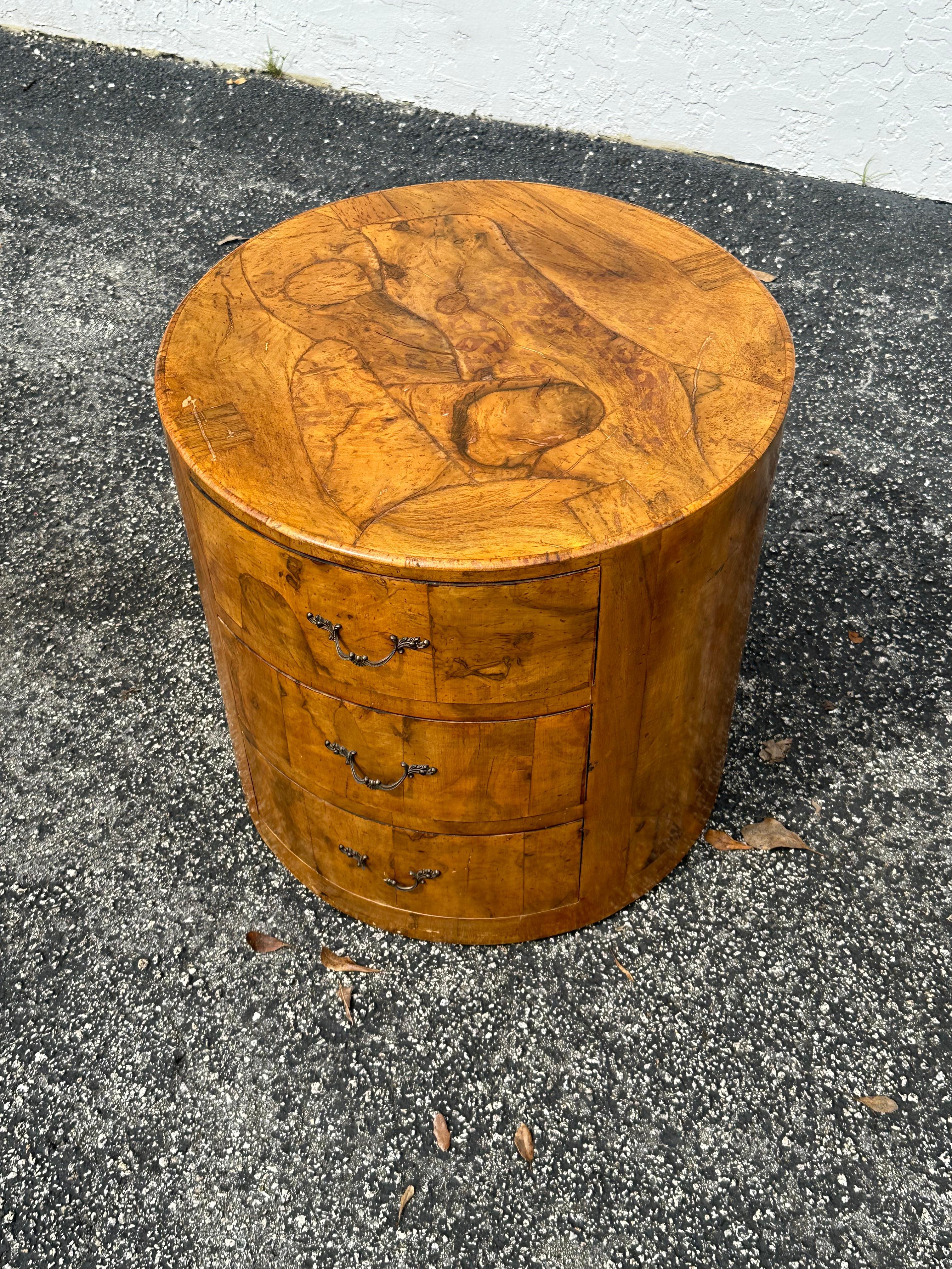 1960s Circular Drum Round Burlwood Nightstands, Set of 2 For Sale 4