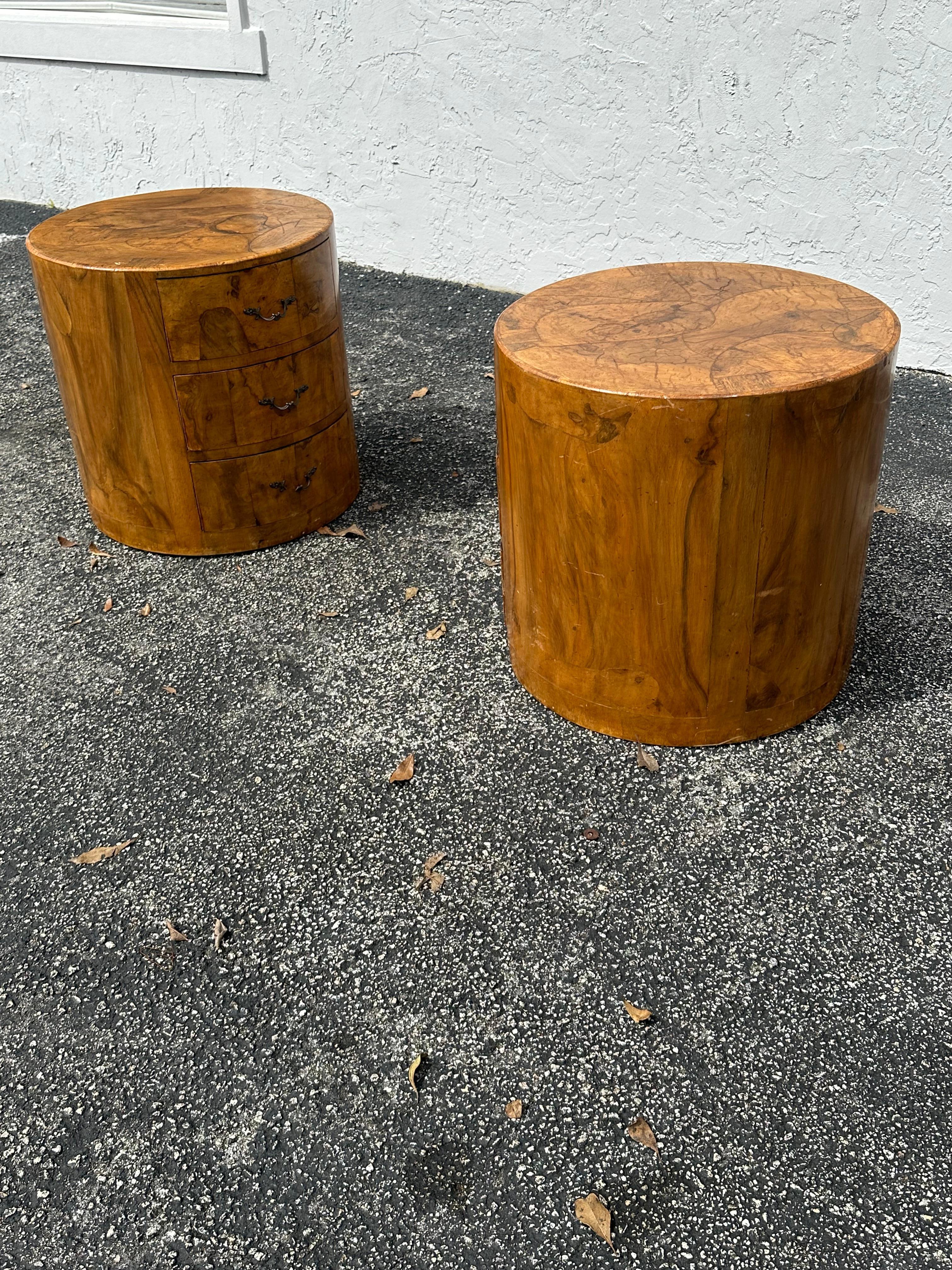 Mid-20th Century 1960s Circular Drum Round Burlwood Nightstands, Set of 2 For Sale