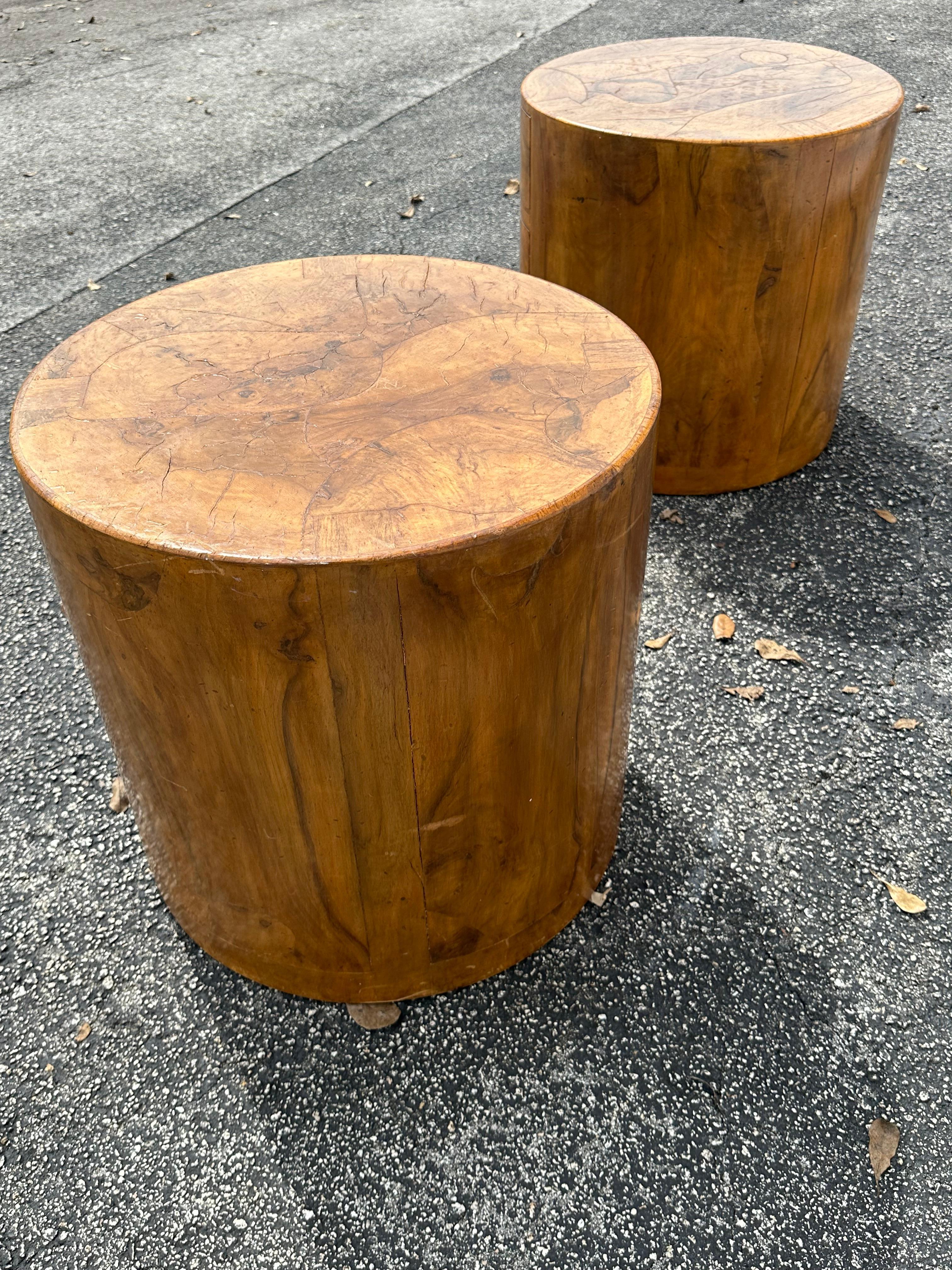 Brass 1960s Circular Drum Round Burlwood Nightstands, Set of 2 For Sale