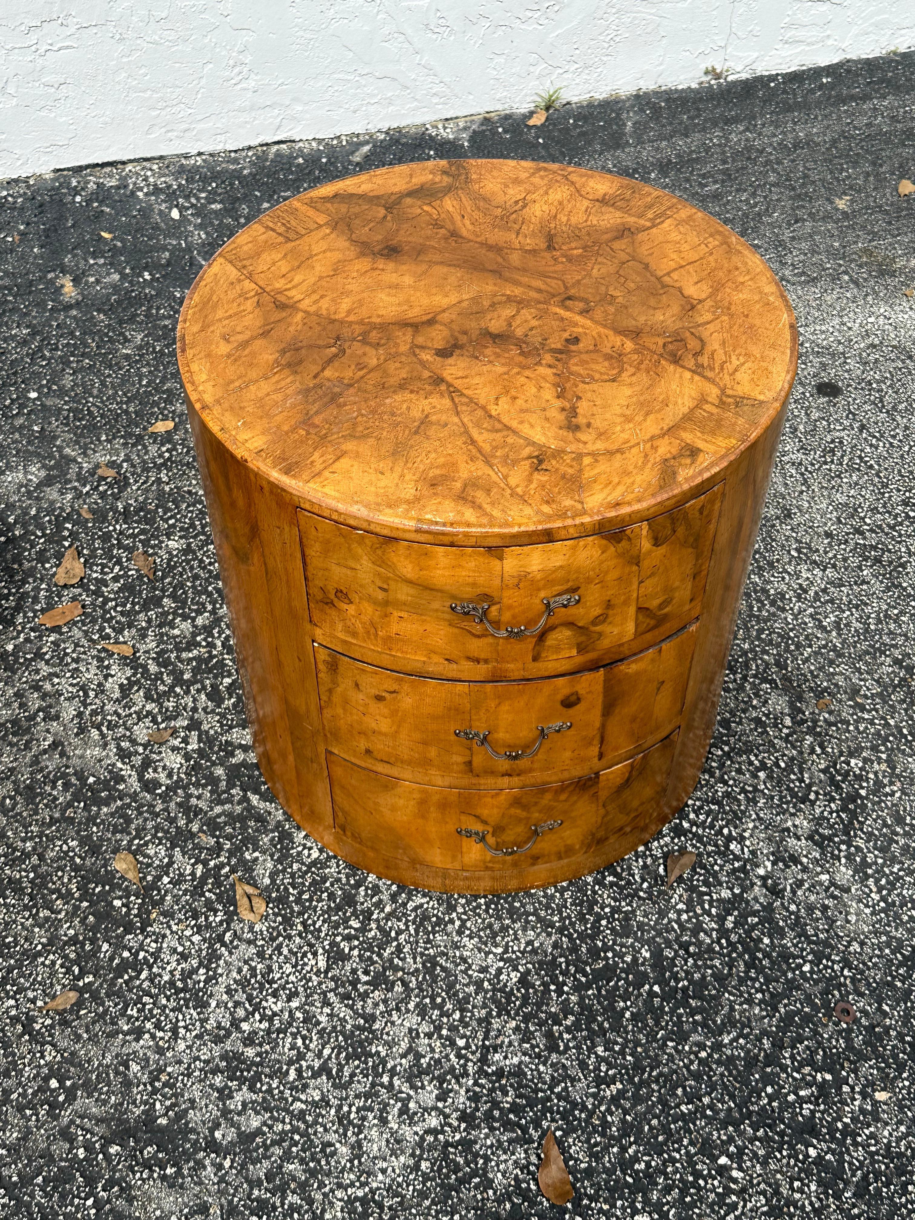 1960s Circular Drum Round Burlwood Nightstands, Set of 2 For Sale 1