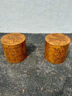 1960s Circular Drum Round Burlwood Nightstands, Set of 2
