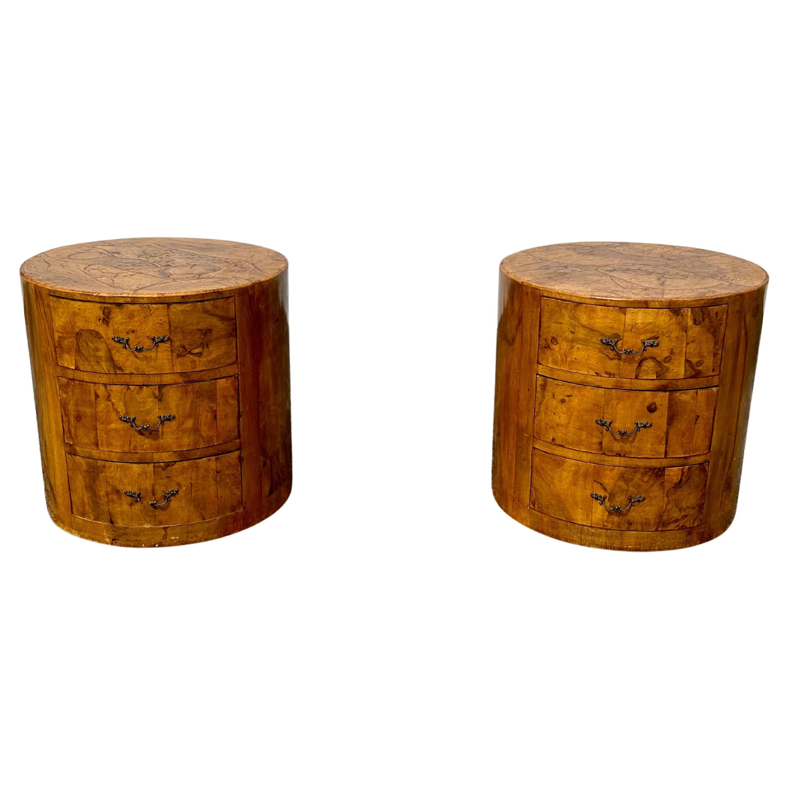 Mesillas de noche de madera de arce redondas con tambor circular, set de 2, años 60