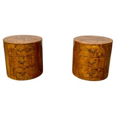 1960s Circular Drum Round Burlwood Nightstands, Set of 2