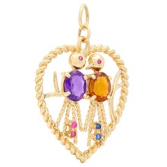 1960's Citrine Amethyst Ruby 14K Gold Vintage Love Bird Pendant Charm