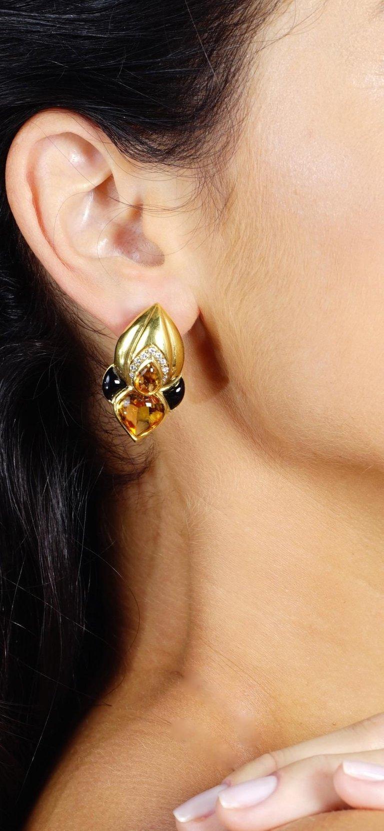 Aesthetic Movement 1960s Citrine Onyx and Diamond Yellow Gold Earrings