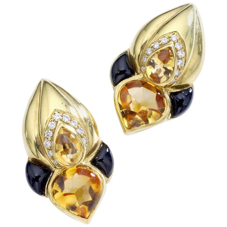 1960s Citrine Onyx and Diamond Yellow Gold Earrings