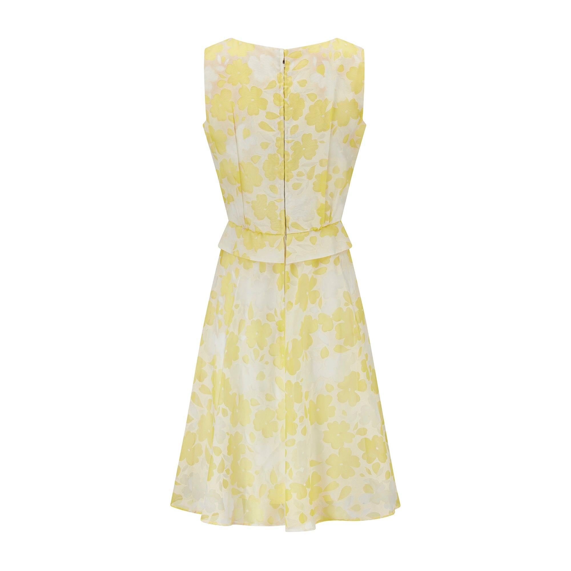 Beige 1960s Claire Layton Yellow and White Floral Dress For Sale