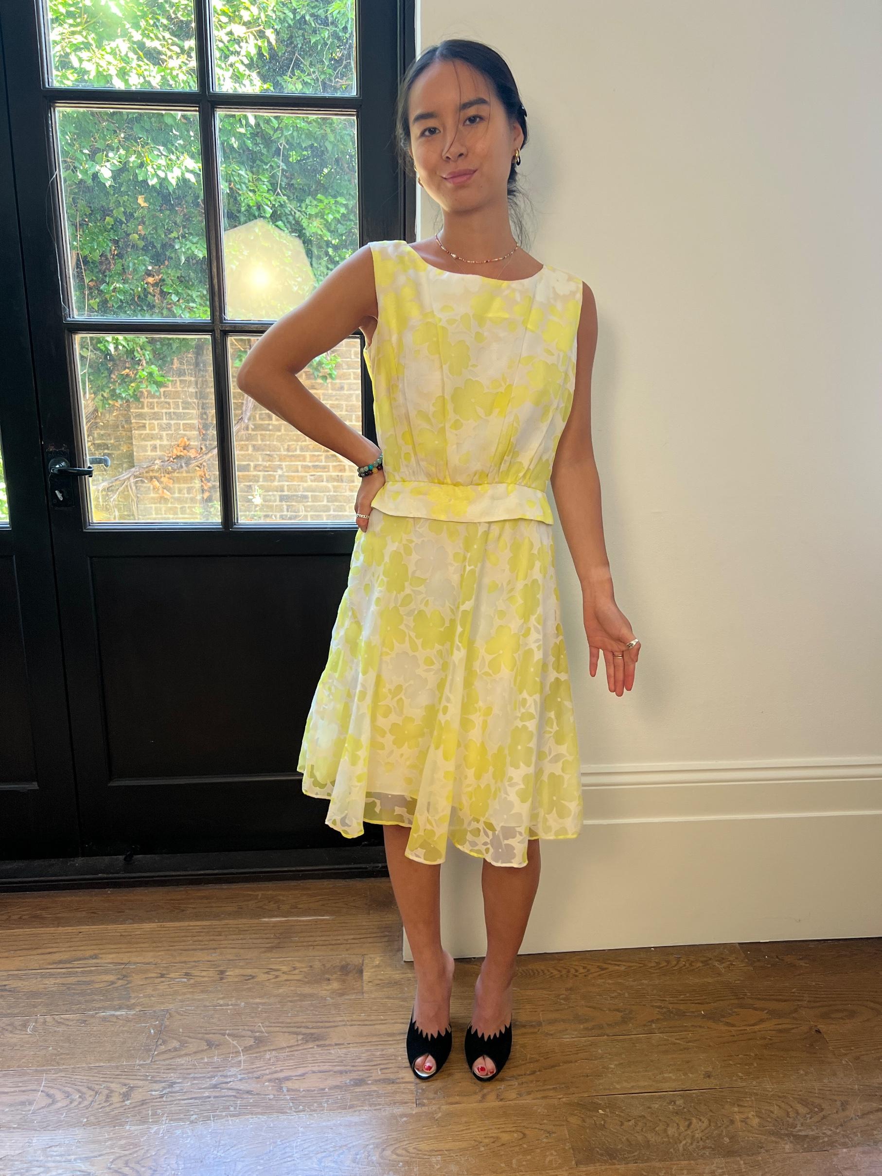 Women's 1960s Claire Layton Yellow and White Floral Dress For Sale