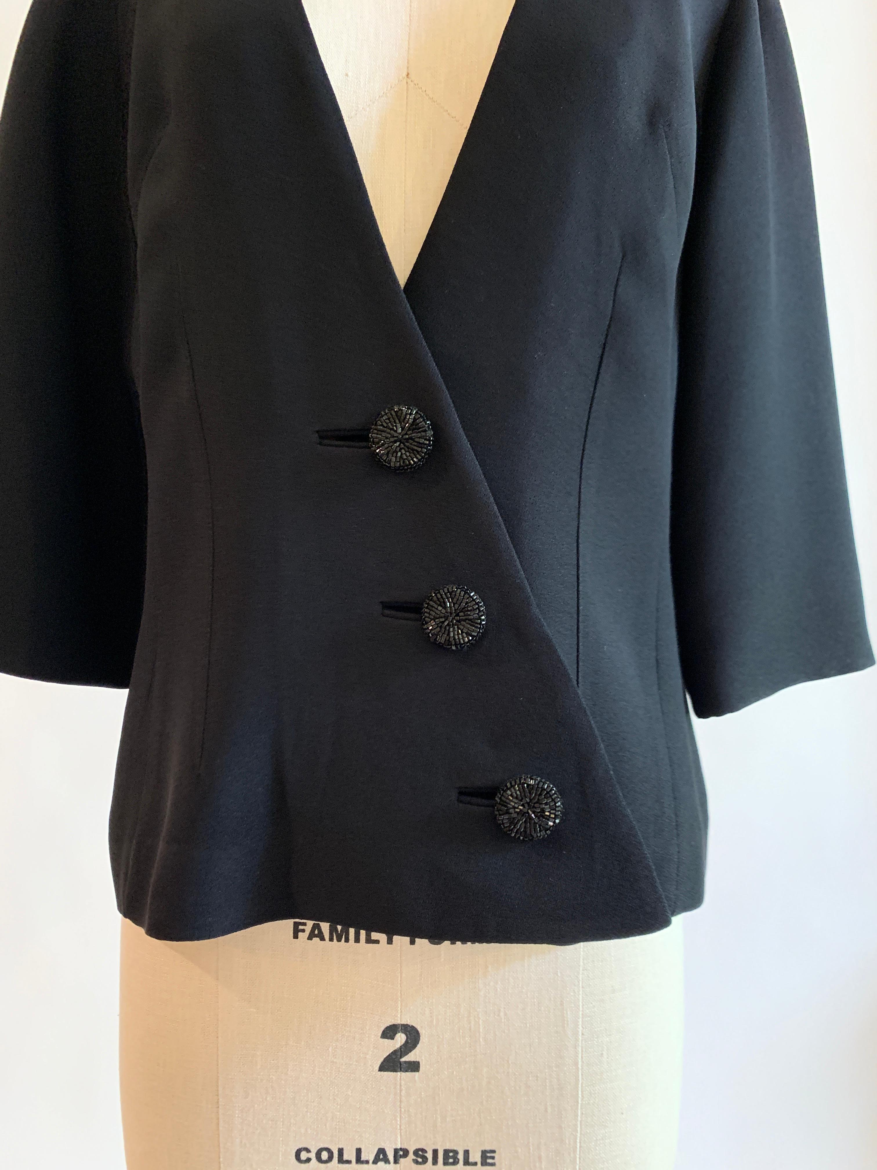 1960s ClaraLura Original Black Asymmetrical Blazer Jacket with Beaded Buttons In Good Condition For Sale In San Francisco, CA