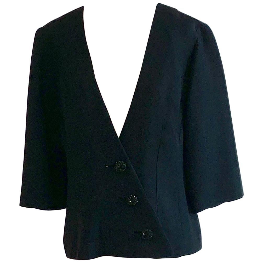 1960s ClaraLura Original Black Asymmetrical Blazer Jacket with Beaded Buttons