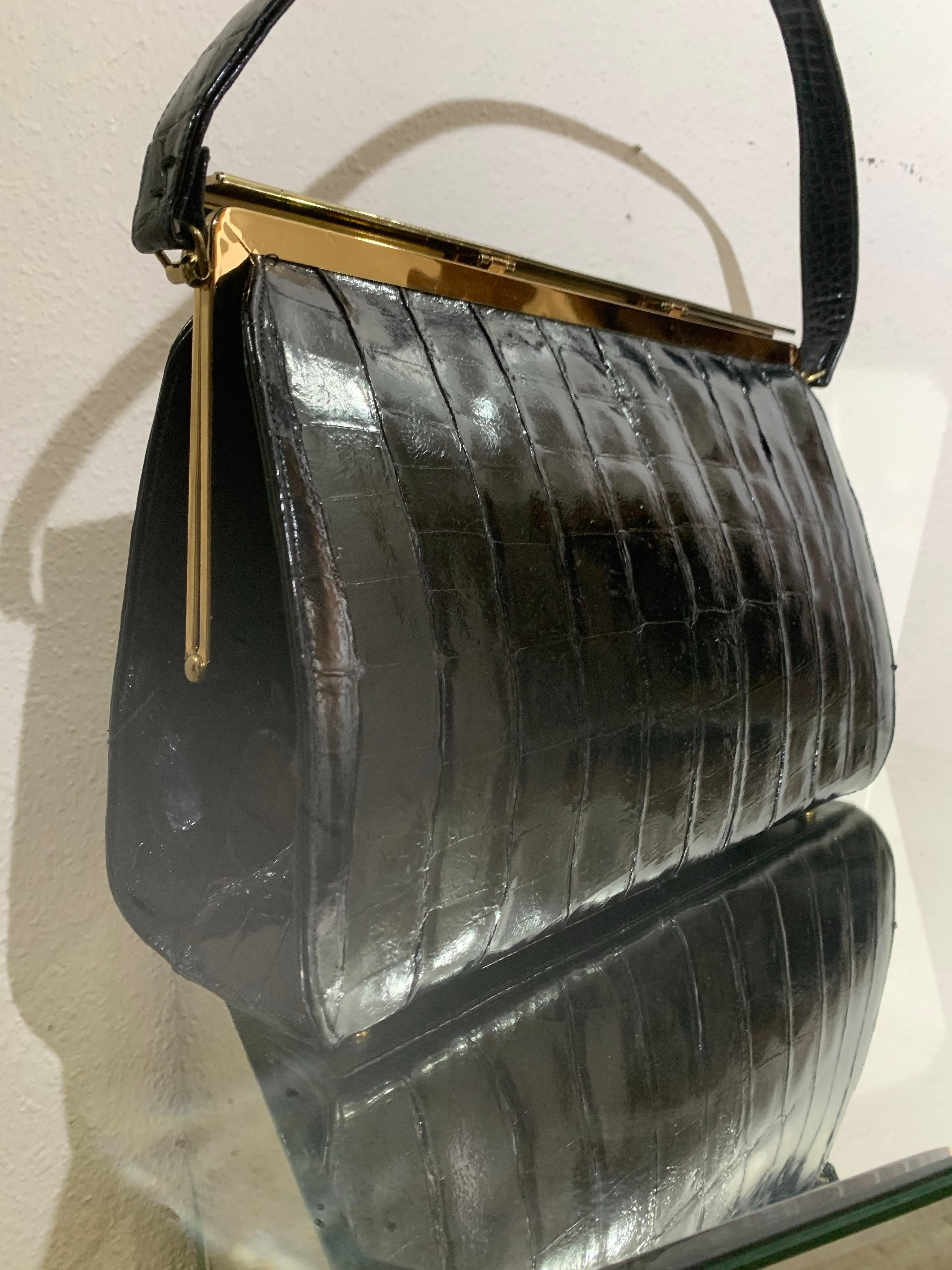 1960s Classic Black Crocodile Handbag w Top Handle & Gold Hardware For Sale 7
