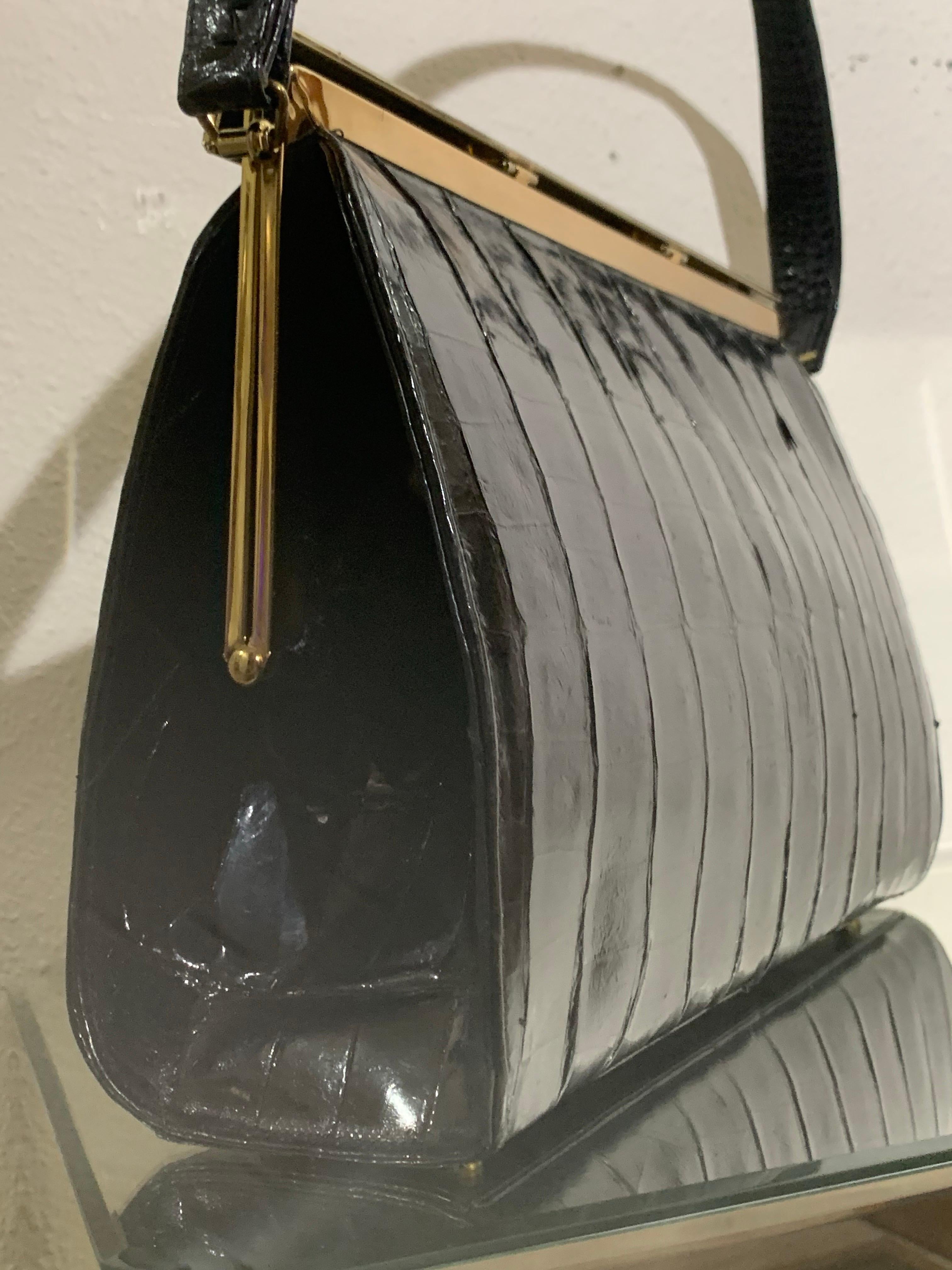 1960s Classic Black Crocodile Handbag w Top Handle & Gold Hardware For Sale 8