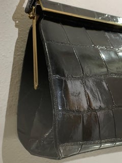 1960s Classic Black Crocodile Handbag w Top Handle & Gold Hardware