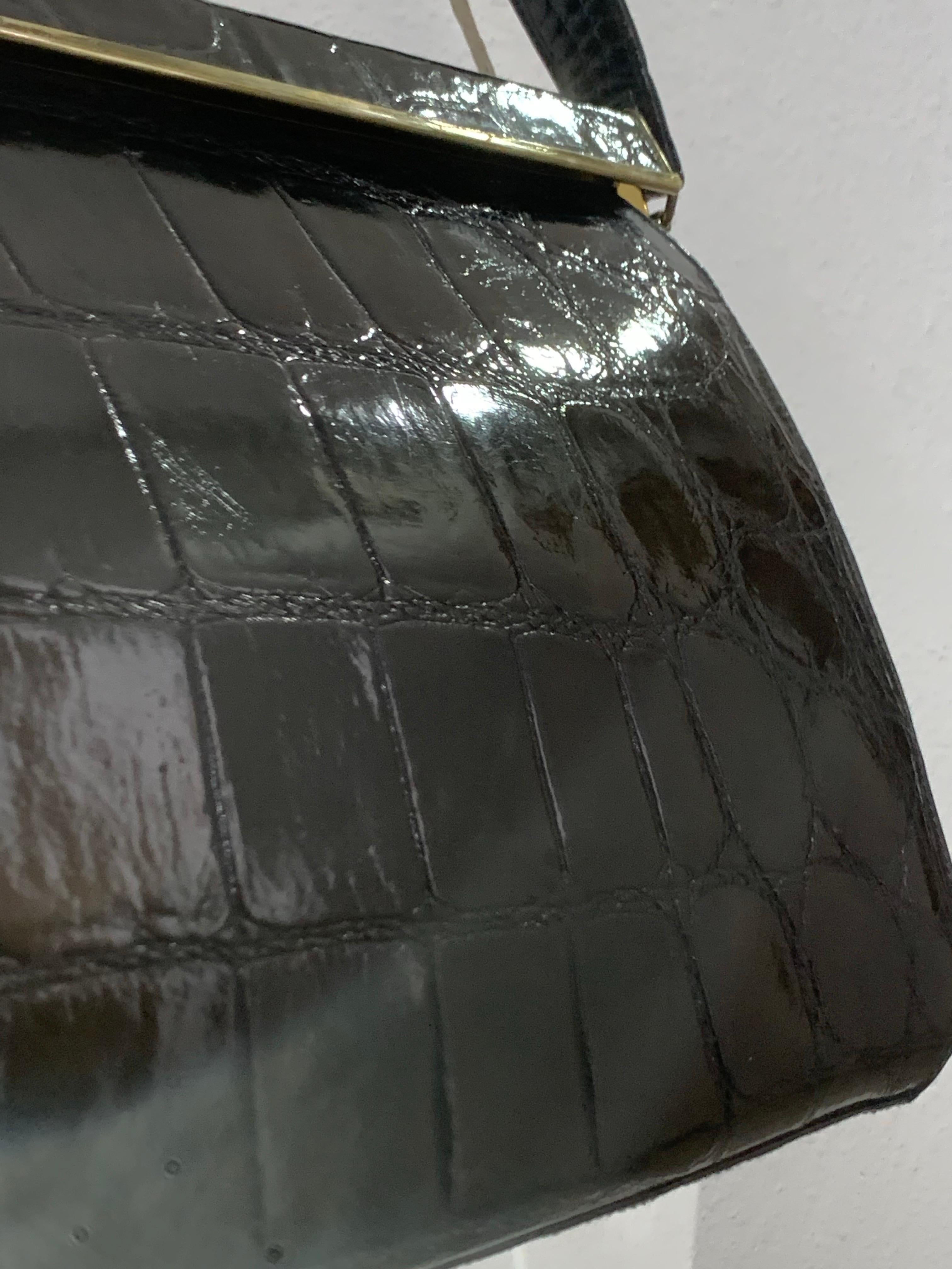1960s Classic Black Crocodile Handbag w Top Handle & Gold Hardware In Excellent Condition For Sale In Gresham, OR