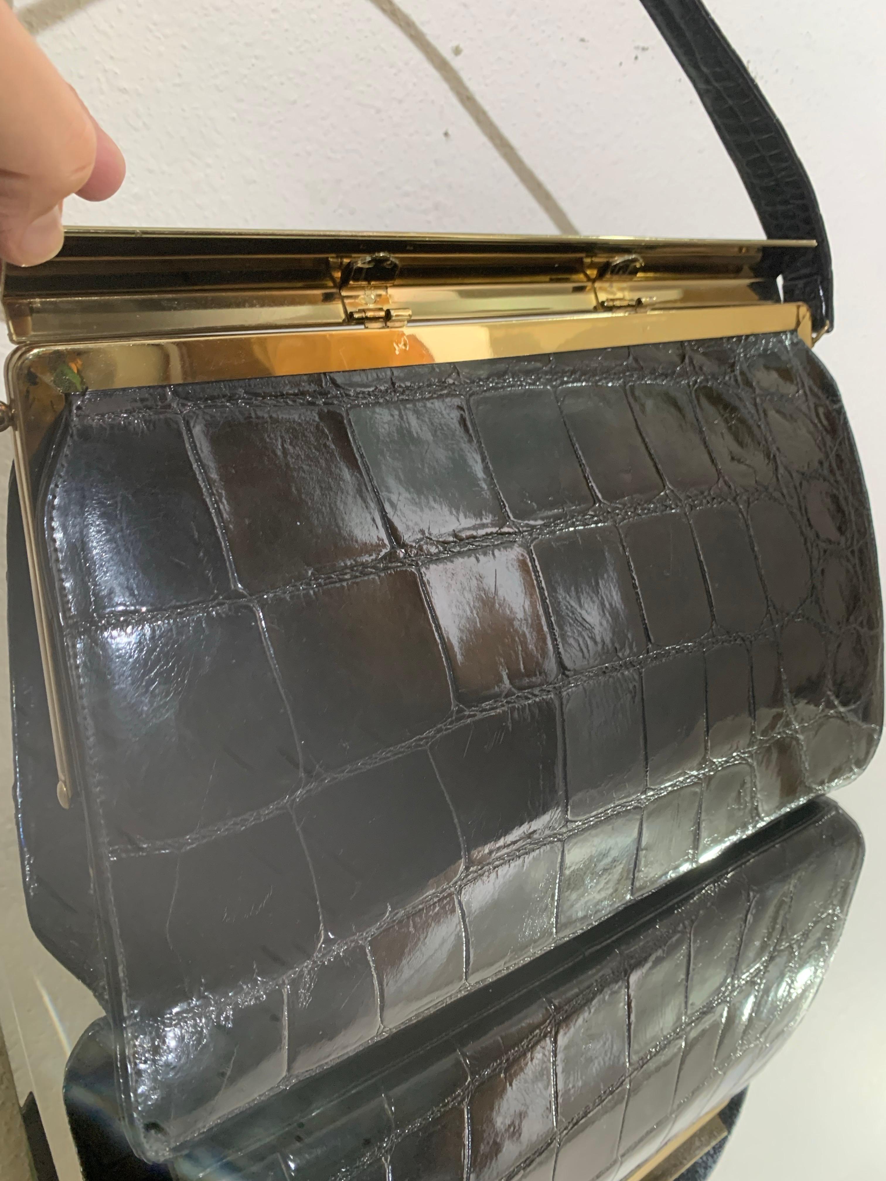 1960s Classic Black Crocodile Handbag w Top Handle & Gold Hardware For Sale 3