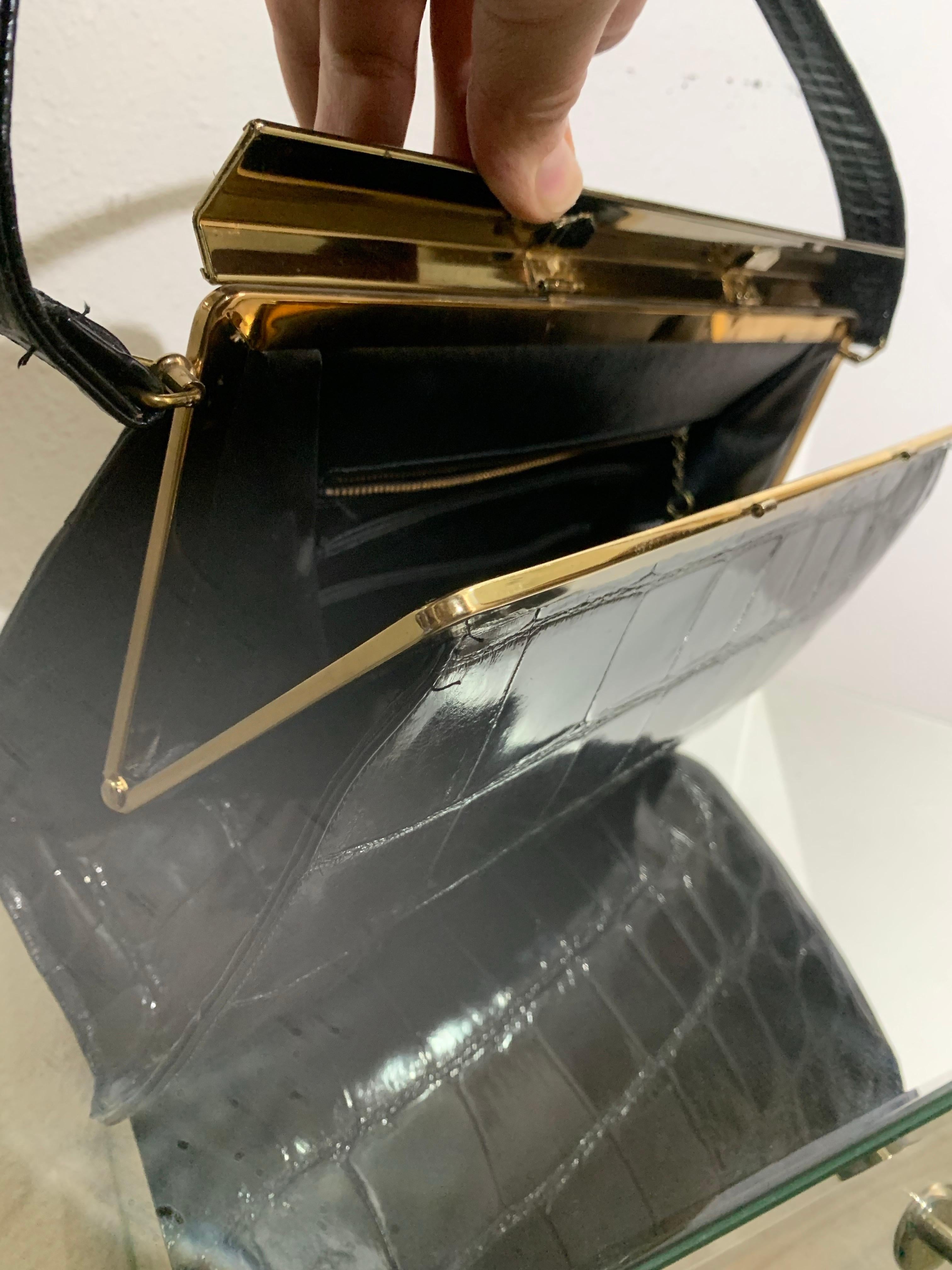 1960s Classic Black Crocodile Handbag w Top Handle & Gold Hardware For Sale 5