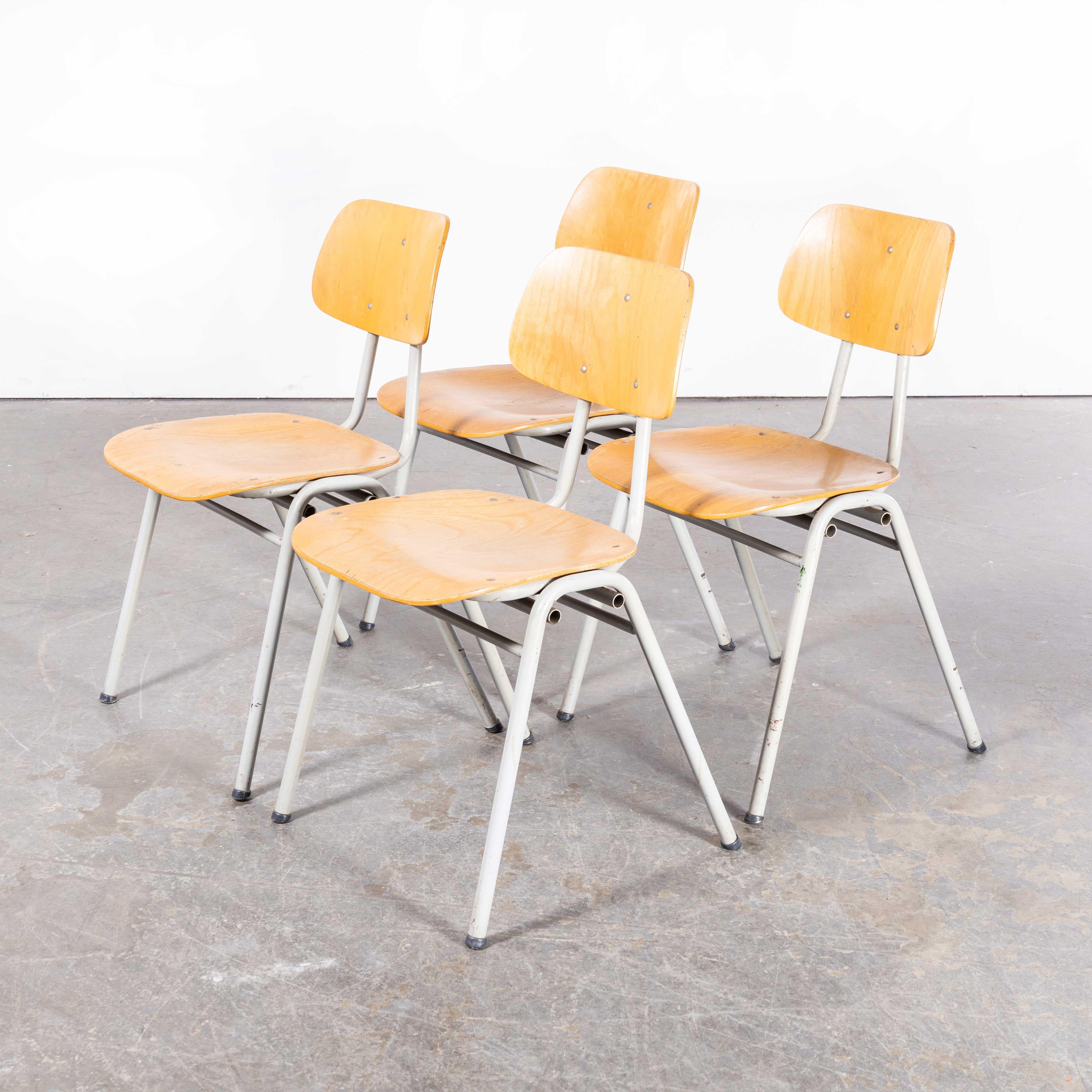 1960's Classic Dutch University Dining Chairs - Set Of Four

1960's Classic Dutch University Dining Chairs - Set Of Four. These chairs came from a university in the Netherlands. These chairs are very sturdy with metal frames and gently shaped beech