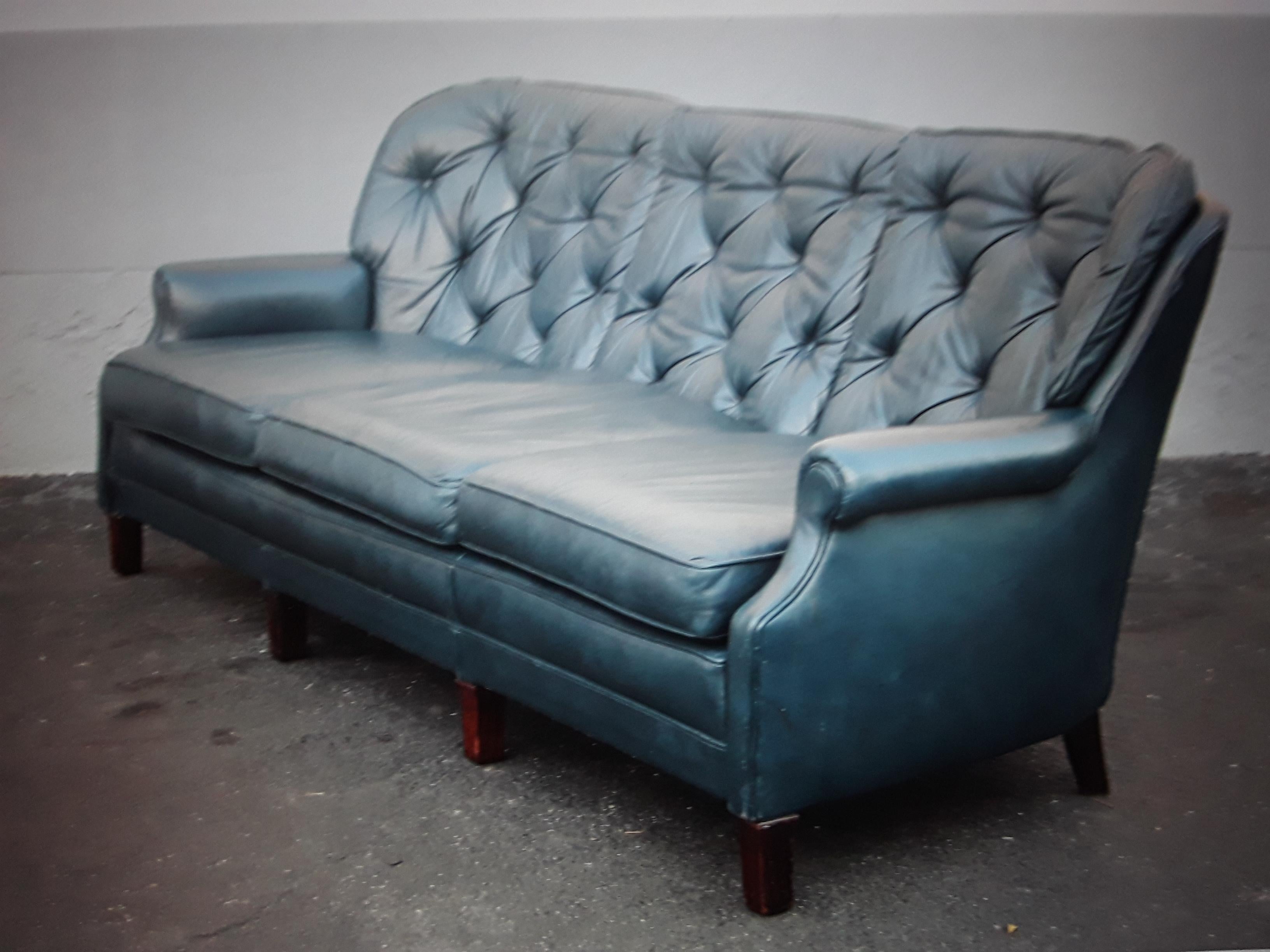 1960's Classic Mid Century Modern Blue Leather Chesterfield style Sofa For Sale 4