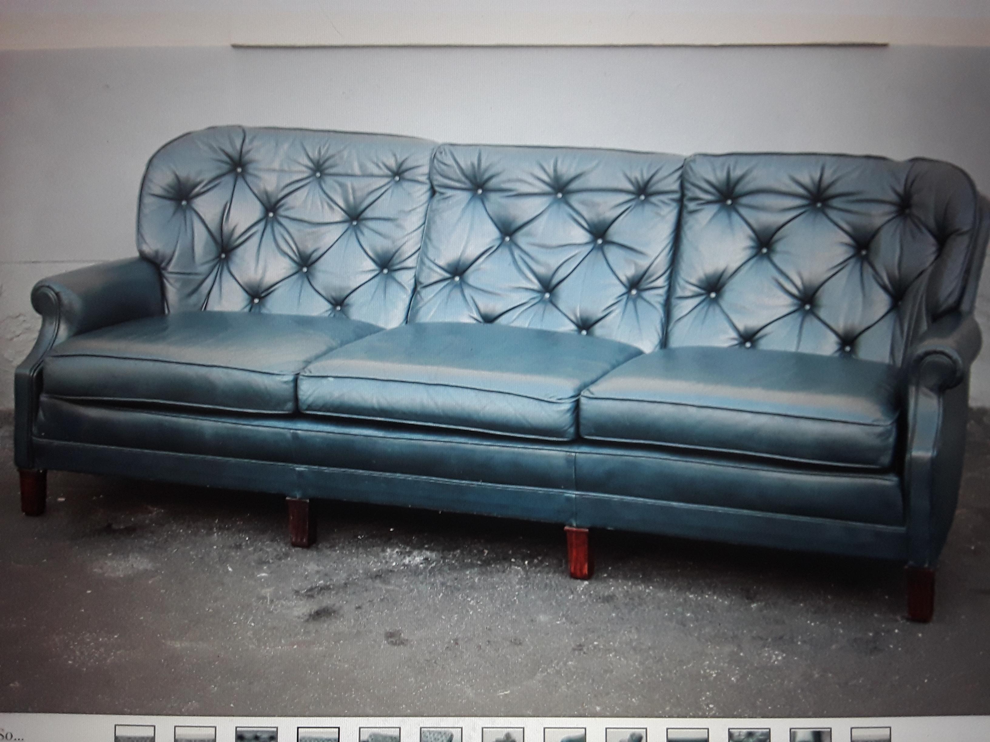 1960's Classic Mid Century Modern Blue Leather Chesterfield style Sofa For Sale 5