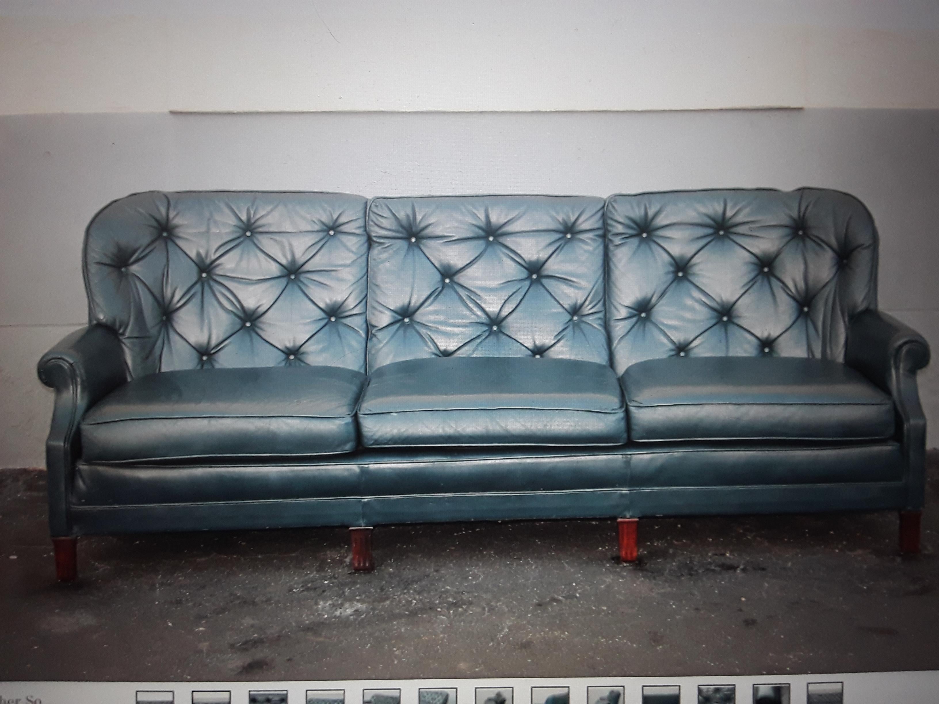1960's Classic Mid Century Modern Blue Leather Chesterfield style Sofa For Sale 7