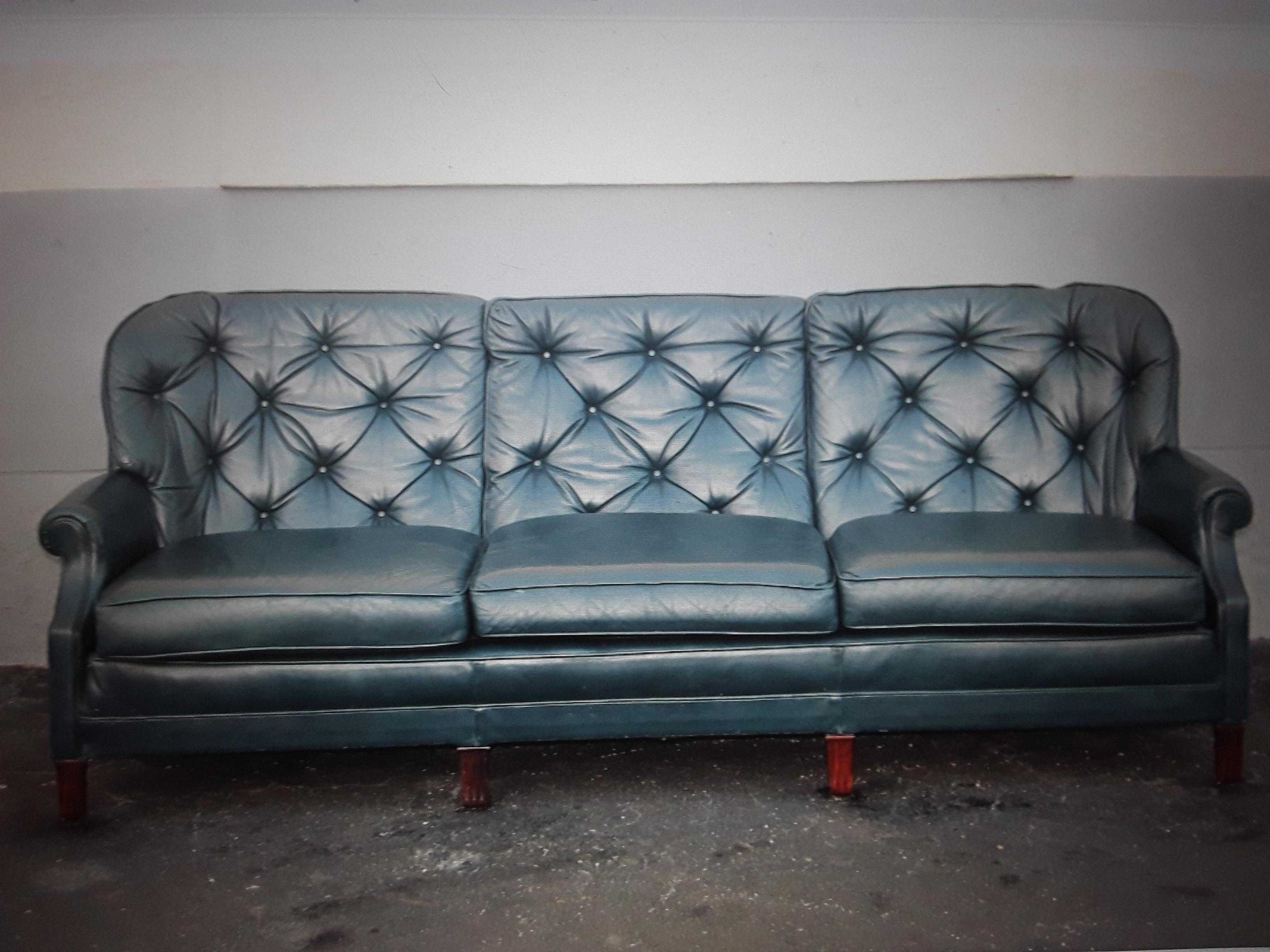 1960's Classic Mid Century Modern Blue Leather Chesterfield style Sofa For Sale 8