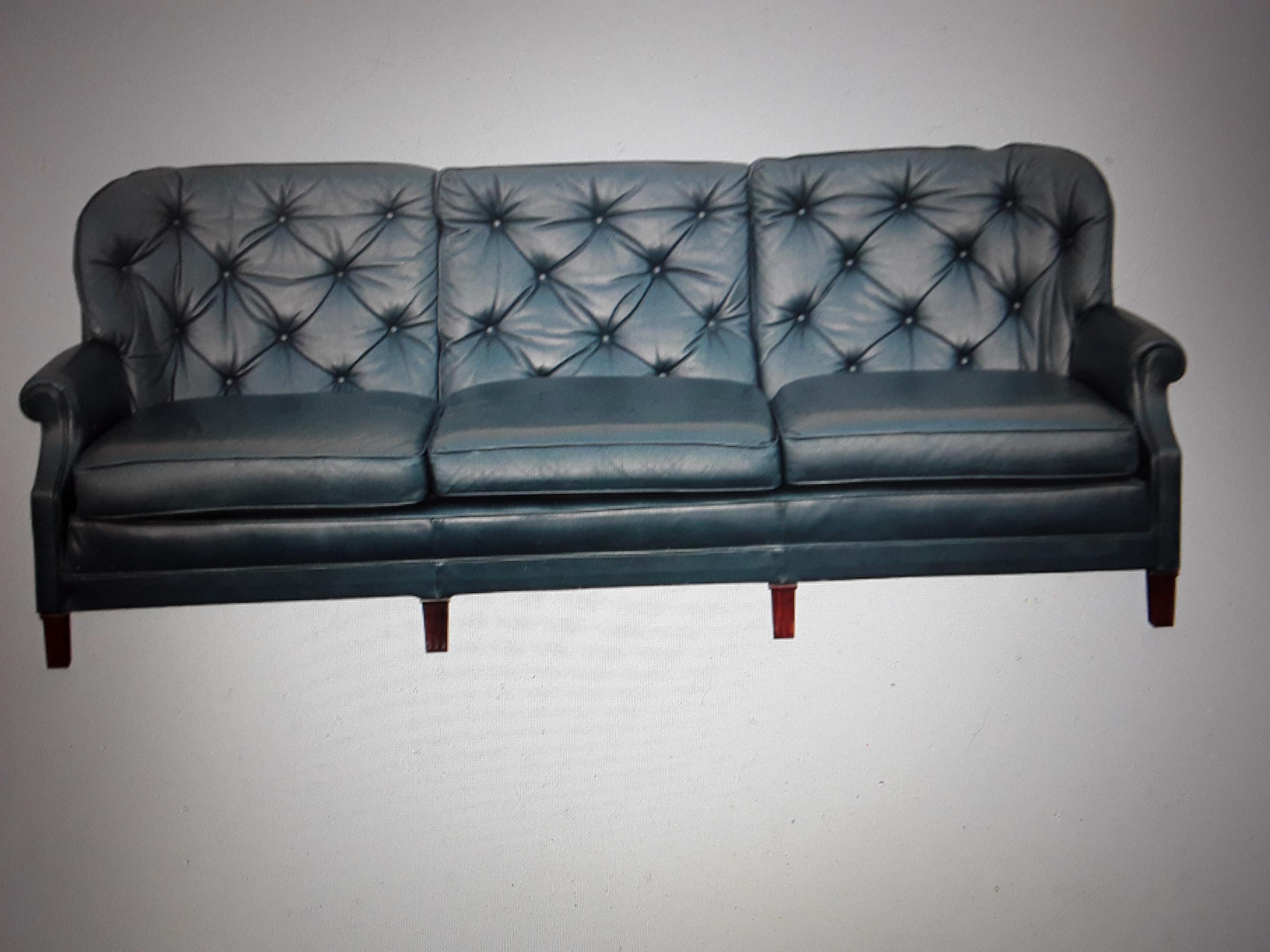 1960's Classic Mid Century Modern Blue Leather Chesterfield style Sofa For Sale 9