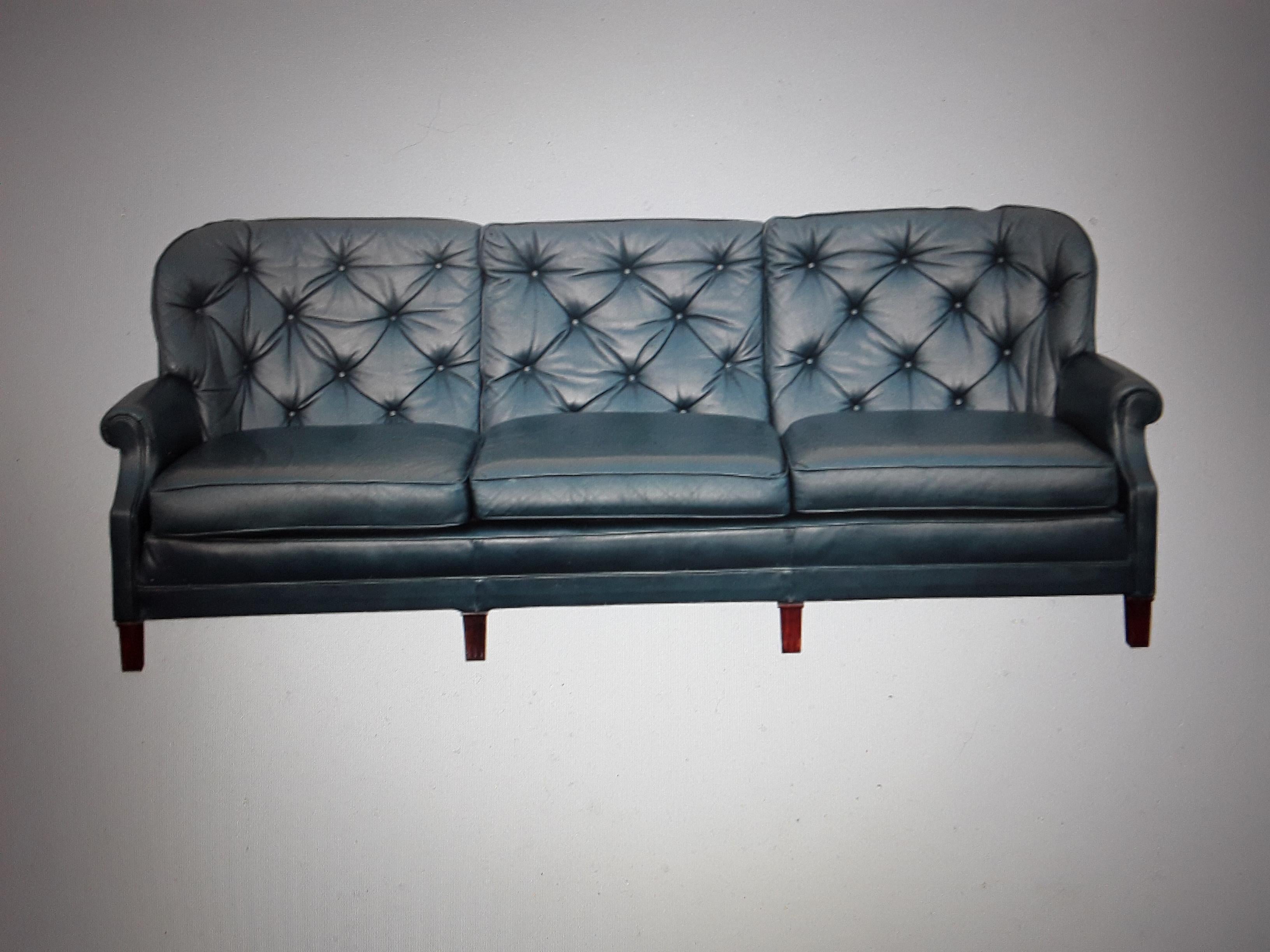 1960's Classic Mid Century Modern Blue Leather Chesterfield style Sofa For Sale 10