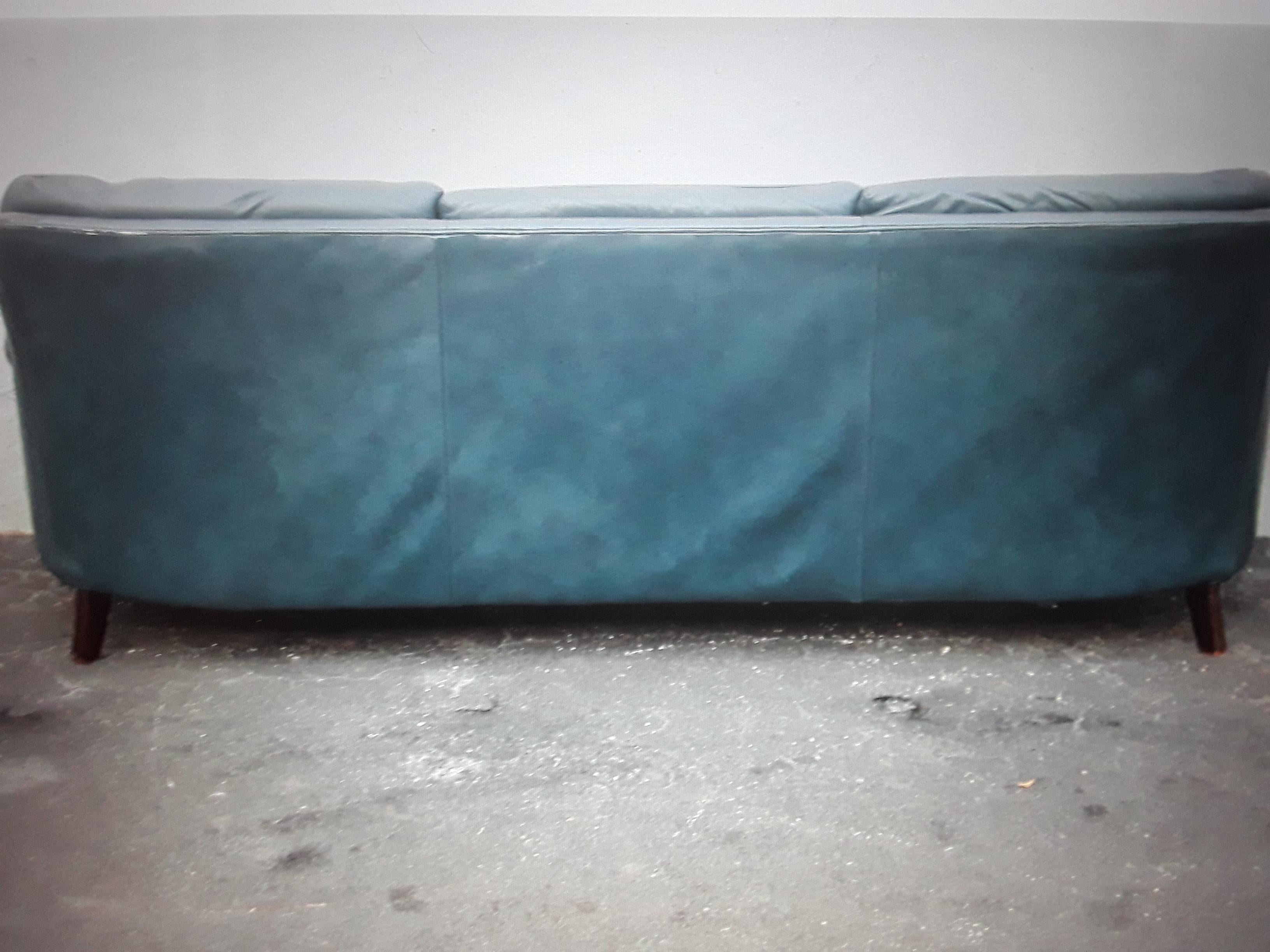 1960's Classic Mid Century Modern Blue Leather Chesterfield style Sofa In Good Condition For Sale In Opa Locka, FL