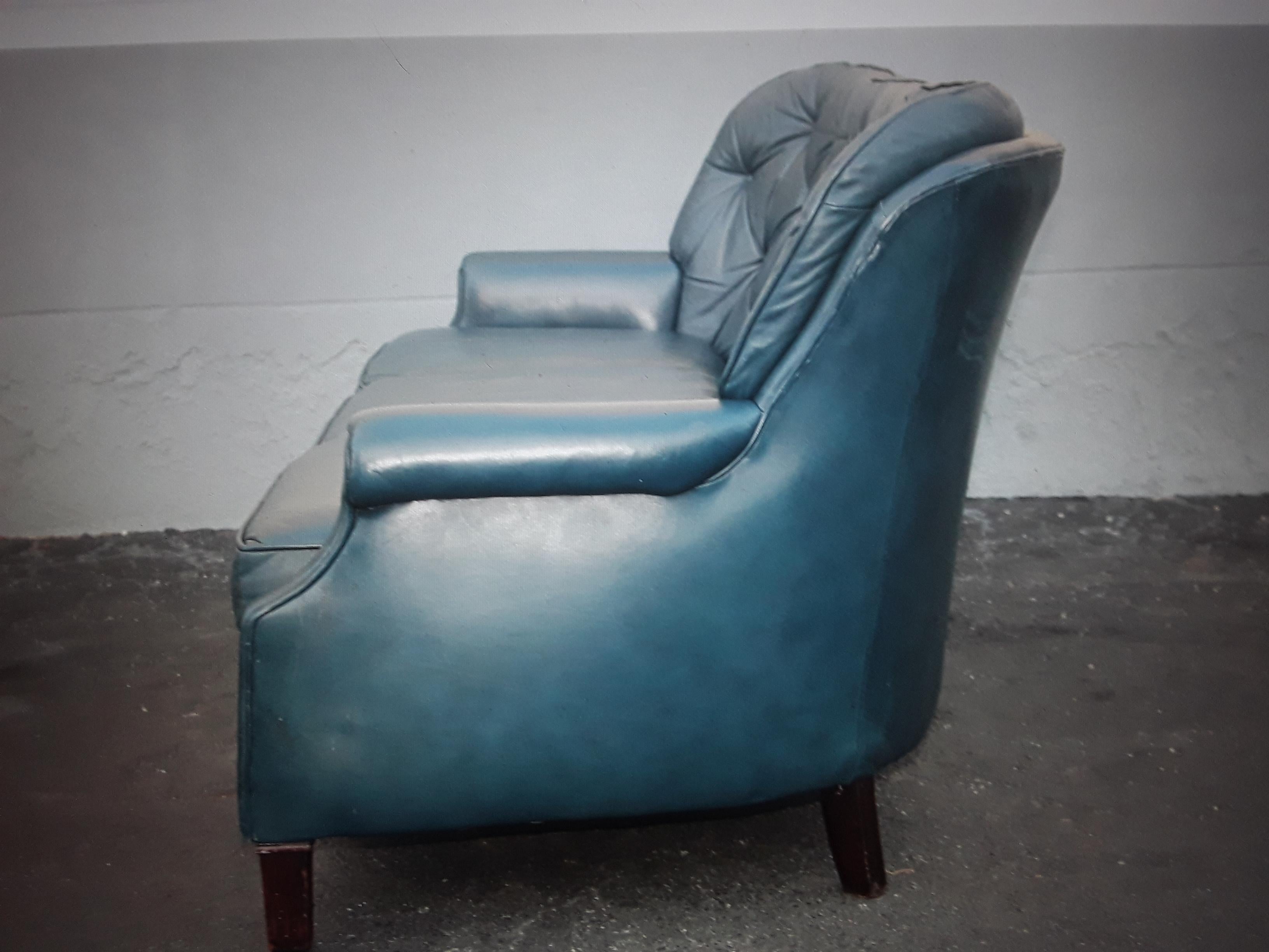 Mid-20th Century 1960's Classic Mid Century Modern Blue Leather Chesterfield style Sofa For Sale