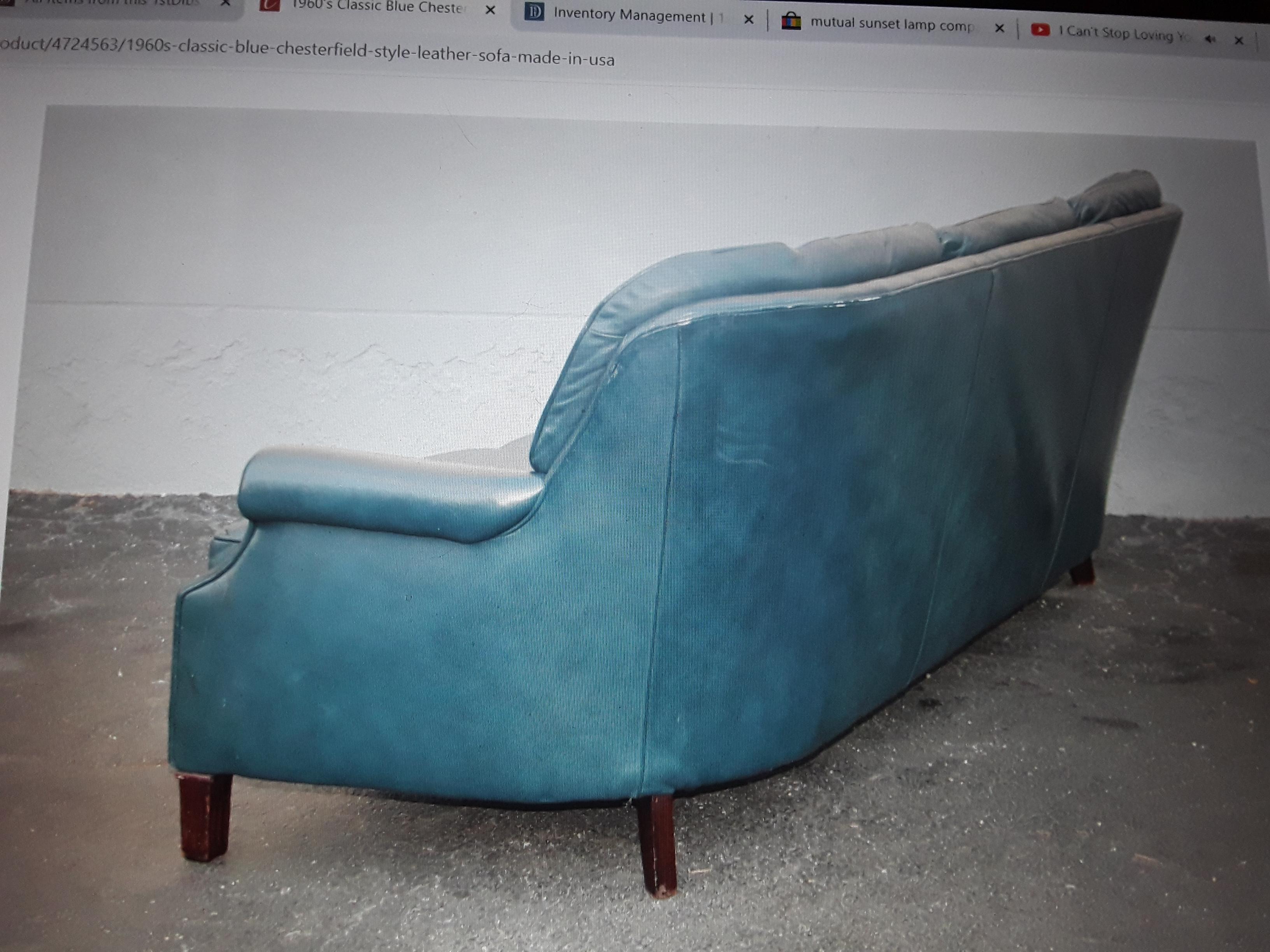 1960's Classic Mid Century Modern Blue Leather Chesterfield style Sofa For Sale 1