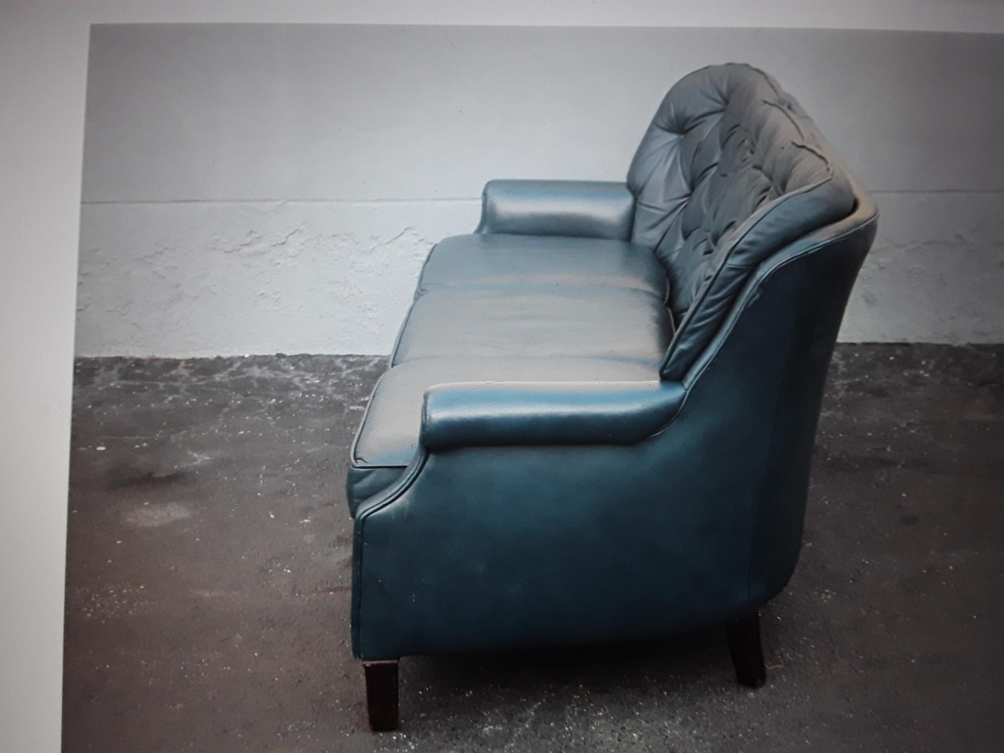 1960's Classic Mid Century Modern Blue Leather Chesterfield style Sofa For Sale 2