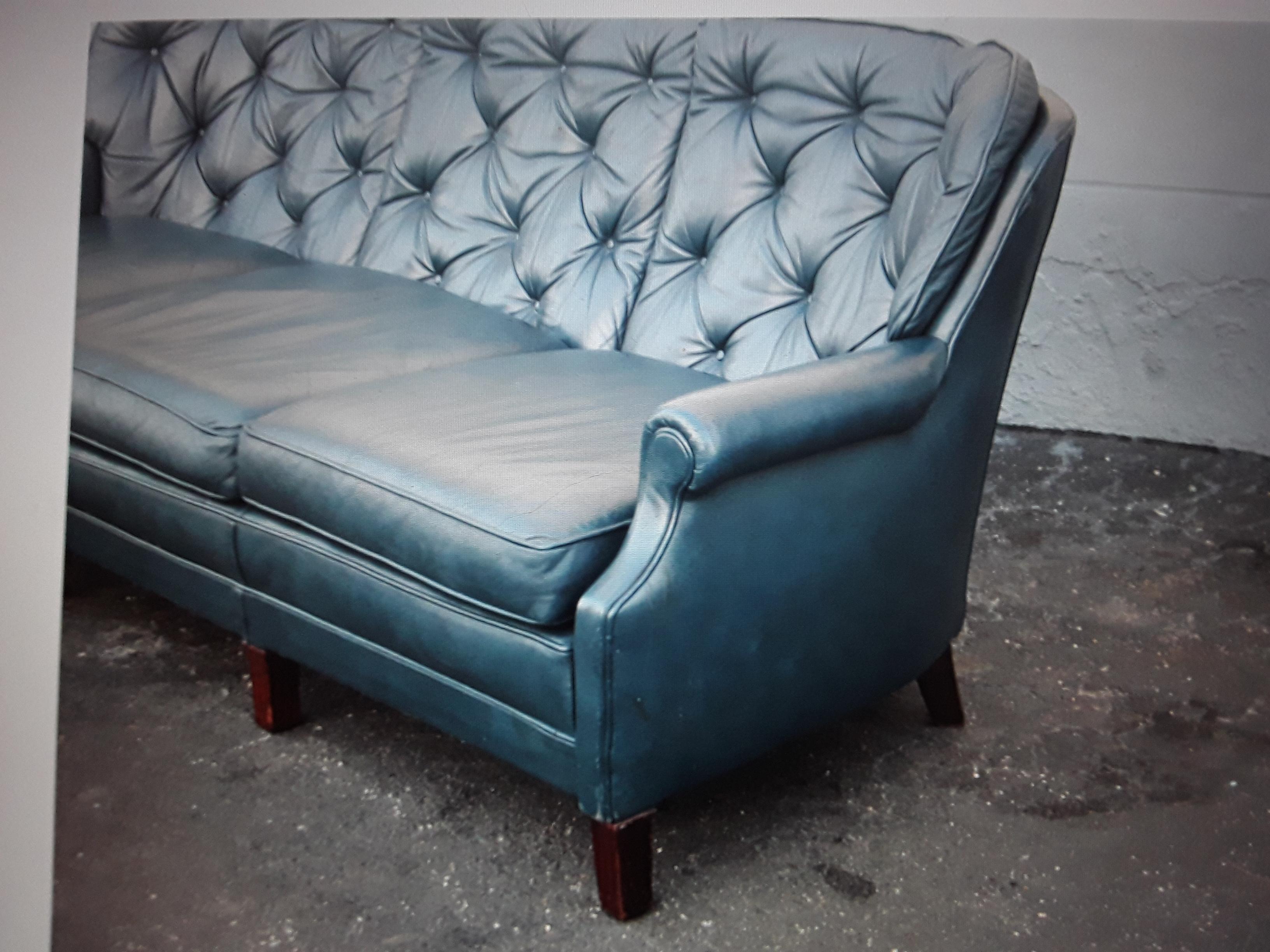 1960's Classic Mid Century Modern Blue Leather Chesterfield style Sofa For Sale 3