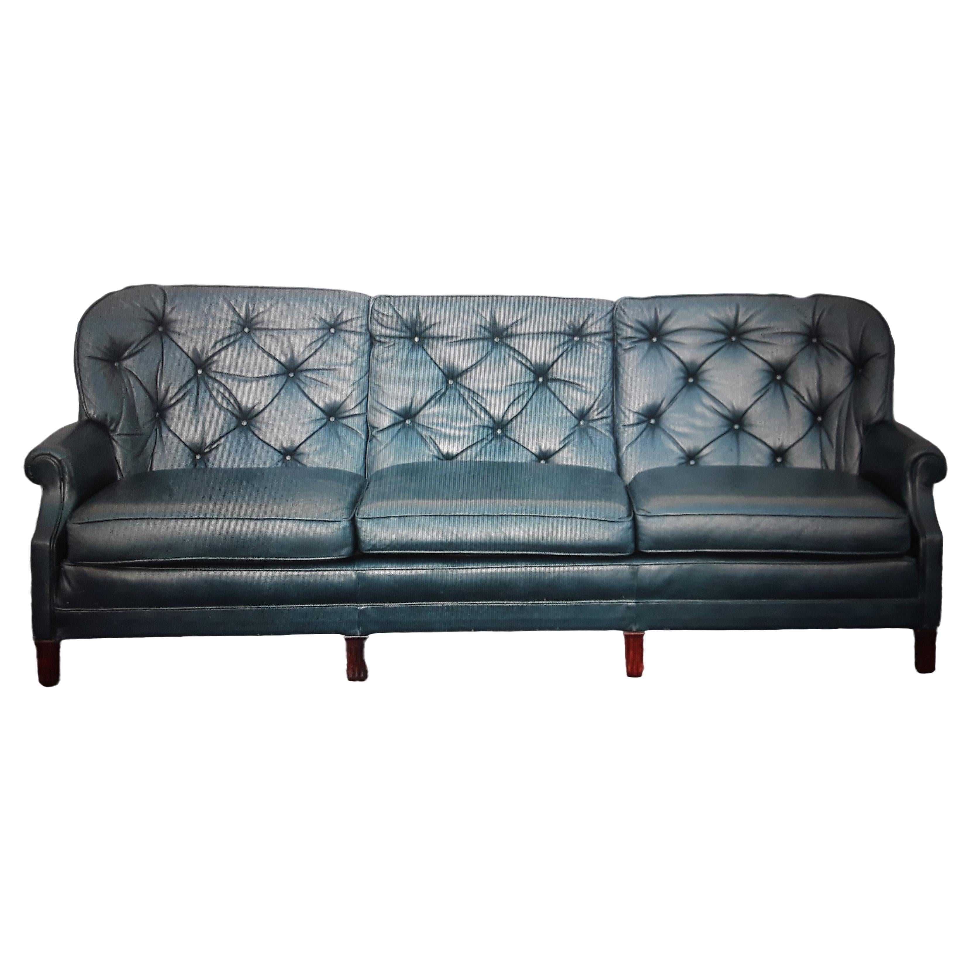 1960's Classic Mid Century Modern Blue Leather Chesterfield style Sofa For Sale