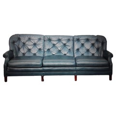 Vintage 1960's Classic Mid Century Modern Blue Leather Chesterfield style Sofa