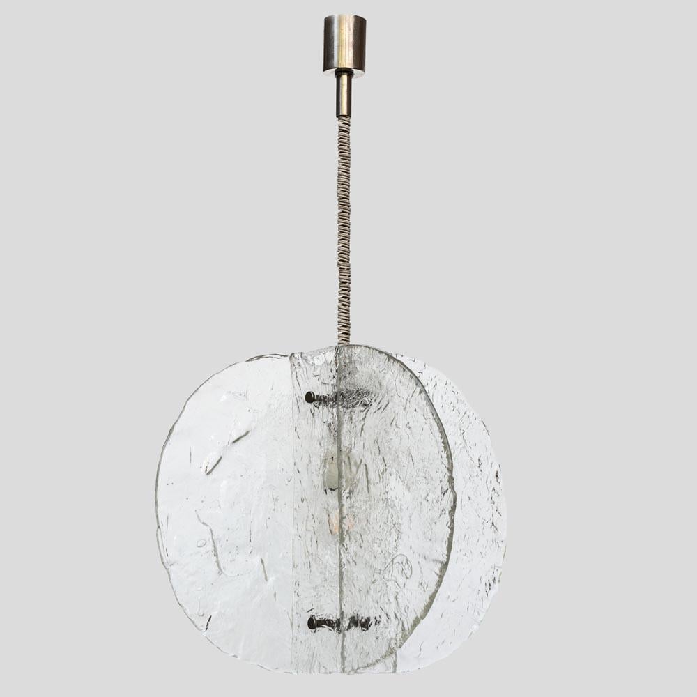 Murano Av Mazzega ceiling light. There's nothing quite like the beauty of hand blown glass with rough surface giving an ice effect. This ceiling light, dating from ca.1960, is a perfect example. With four clear hand blown glass panels connected by a