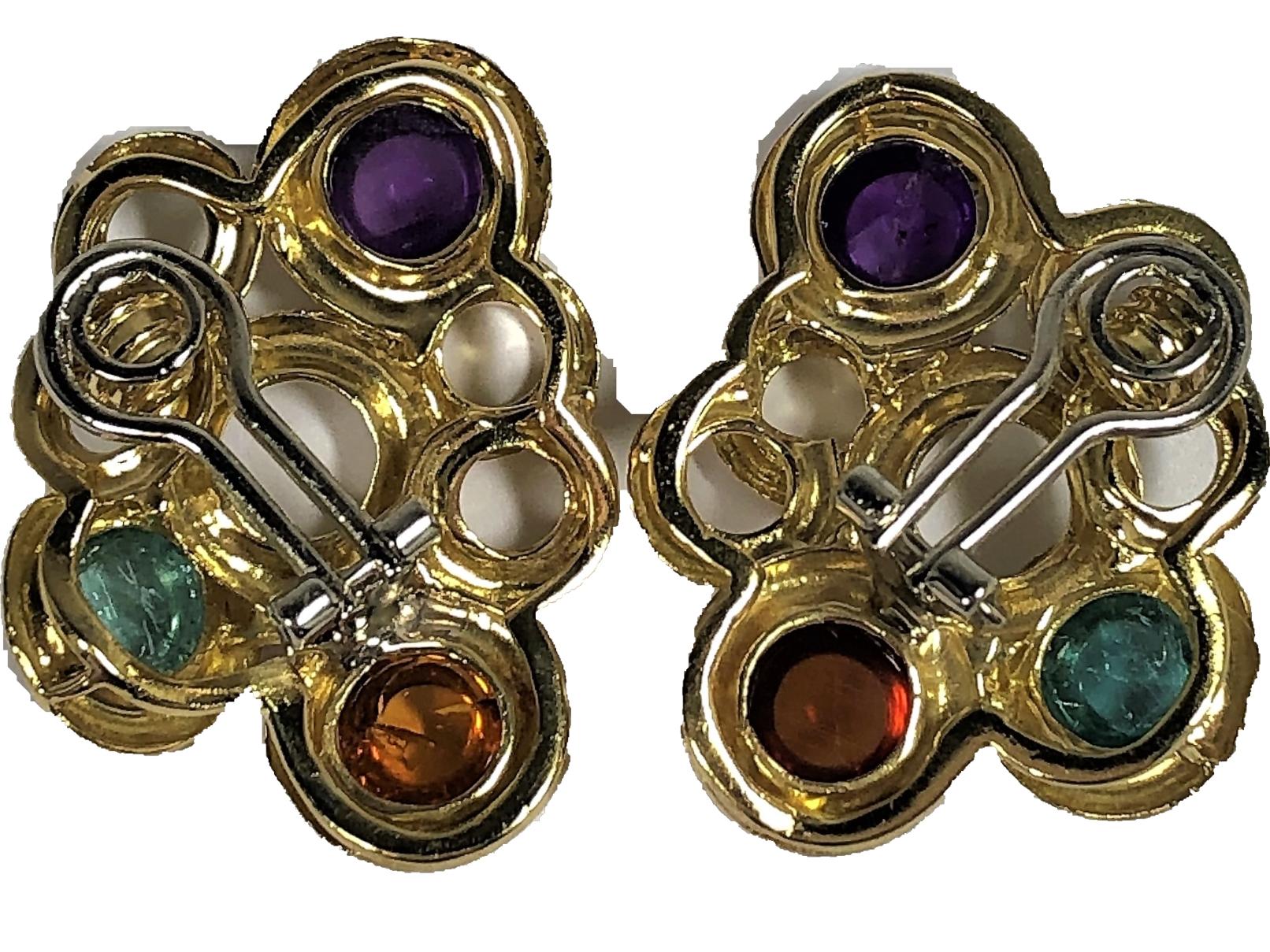 1960s Clip-On Gold Earrings with Cabochon Aquamarine, Amethyst and Citrine In Good Condition In Palm Beach, FL