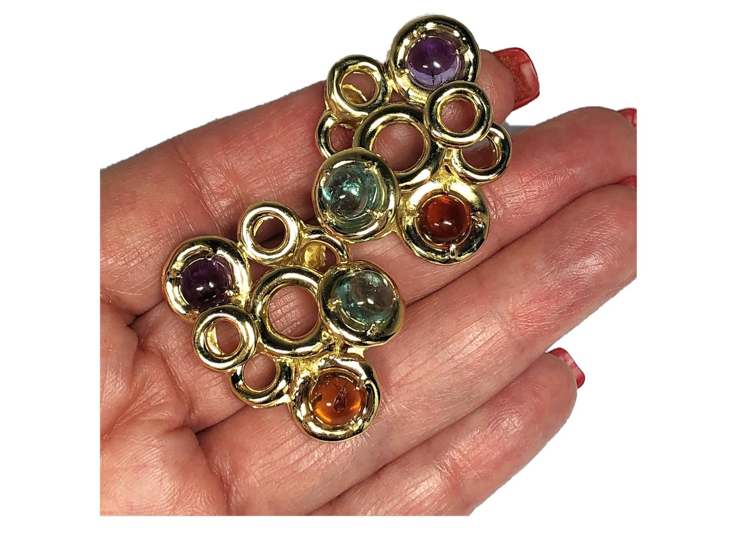 Women's 1960s Clip-On Gold Earrings with Cabochon Aquamarine, Amethyst and Citrine