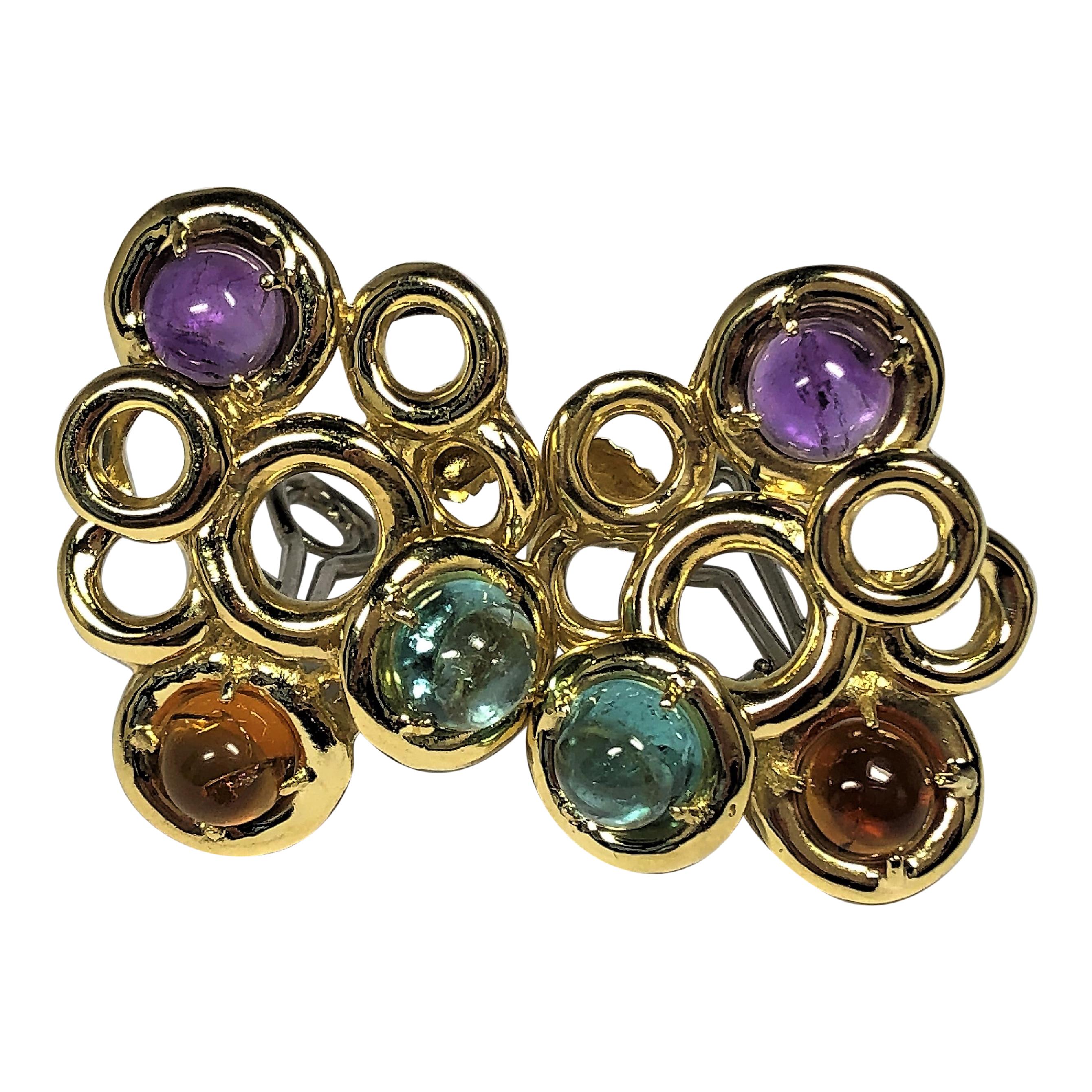 1960s Clip-On Gold Earrings with Cabochon Aquamarine, Amethyst and Citrine
