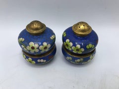 1960s Cloisonné Blue and Green Salt and Pepper Shaker Set with Salt Bowls, Pair