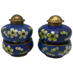 1960s Cloisonné Blue and Green Salt and Pepper Shaker Set with Salt Bowls, Pair