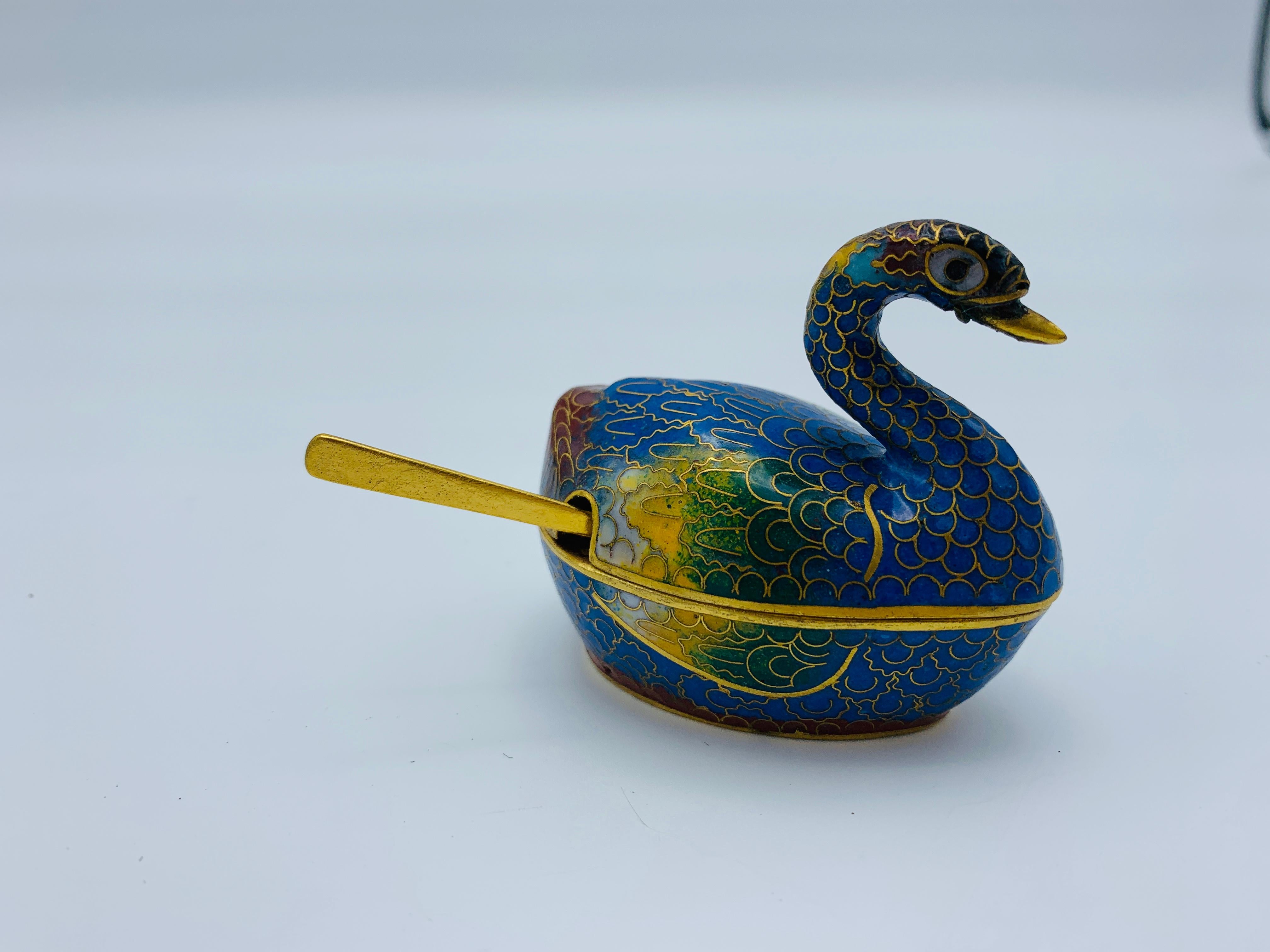 1960s Cloisonné Blue and Red Swan Salt Cellars, Pair For Sale 4