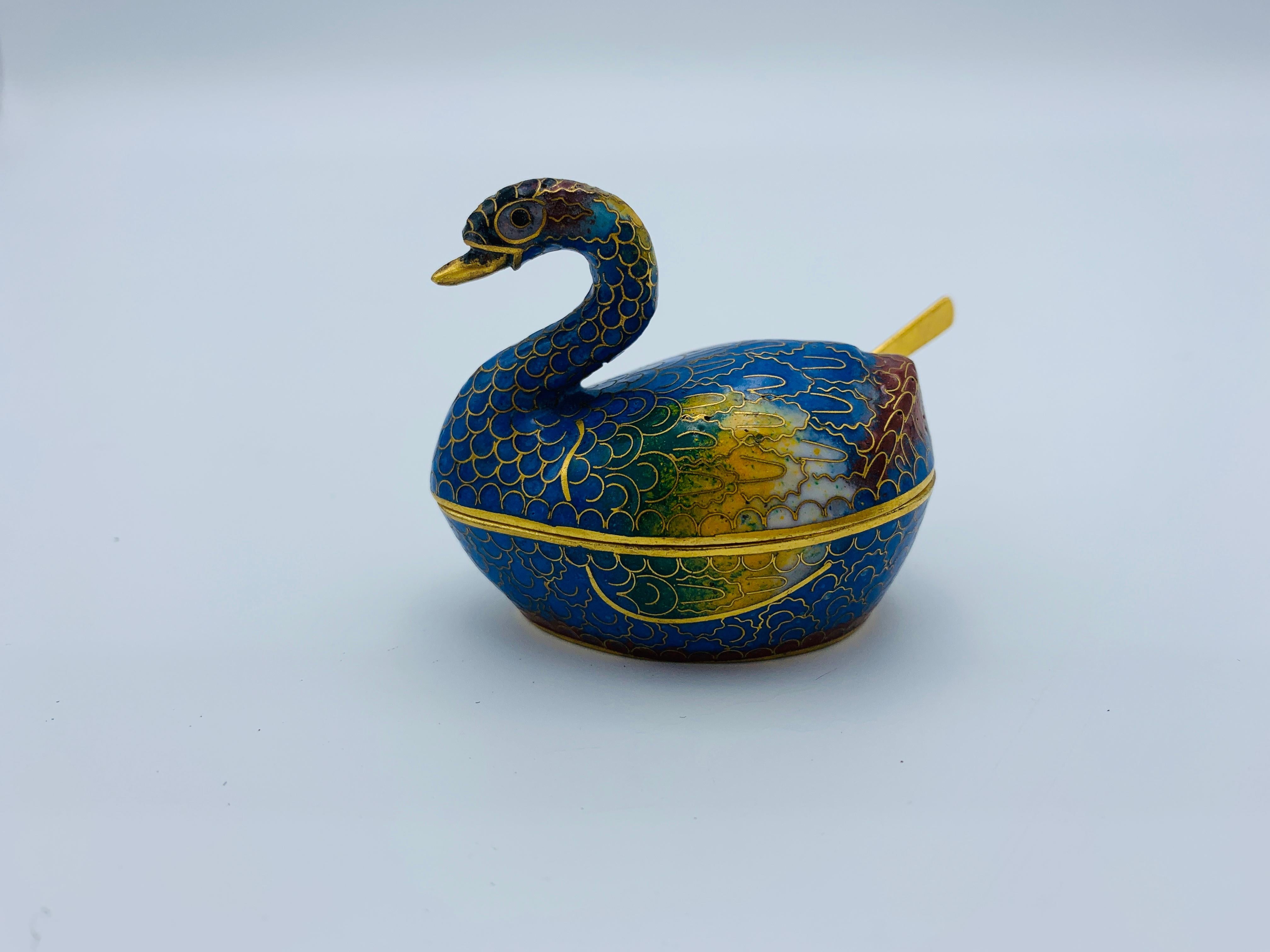 1960s Cloisonné Blue and Red Swan Salt Cellars, Pair For Sale 5