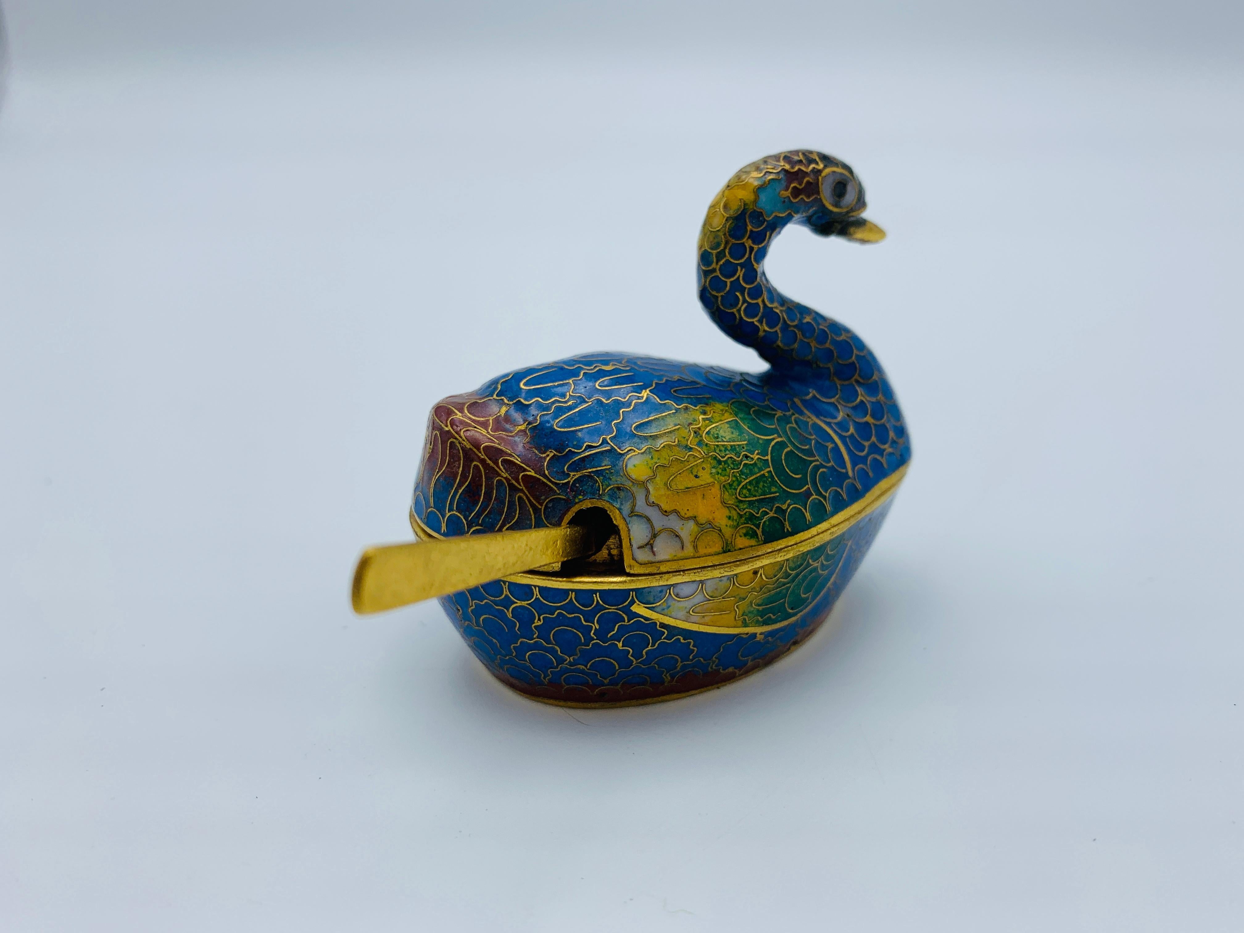 1960s Cloisonné Blue and Red Swan Salt Cellars, Pair For Sale 6