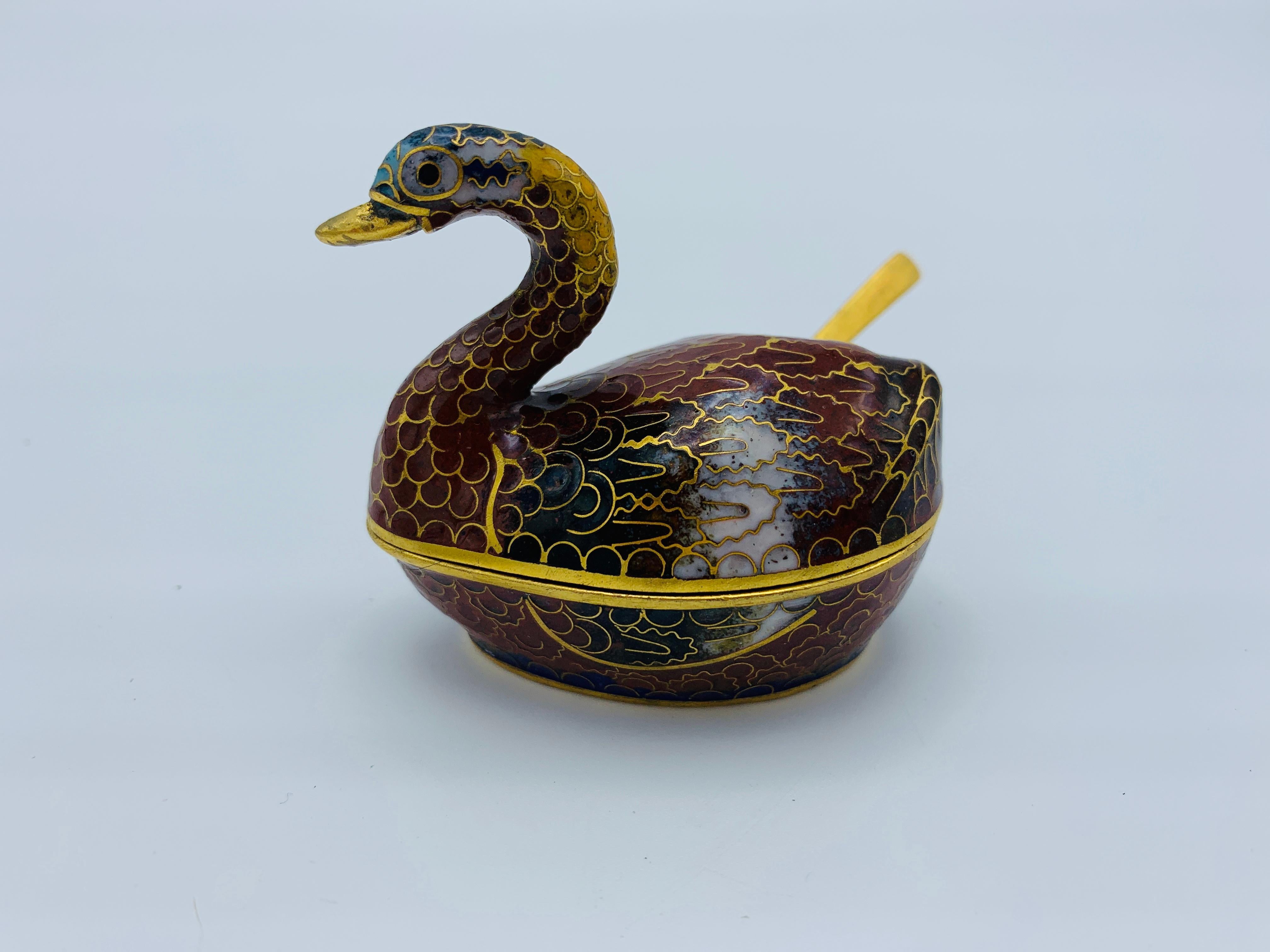 1960s Cloisonné Blue and Red Swan Salt Cellars, Pair For Sale 9