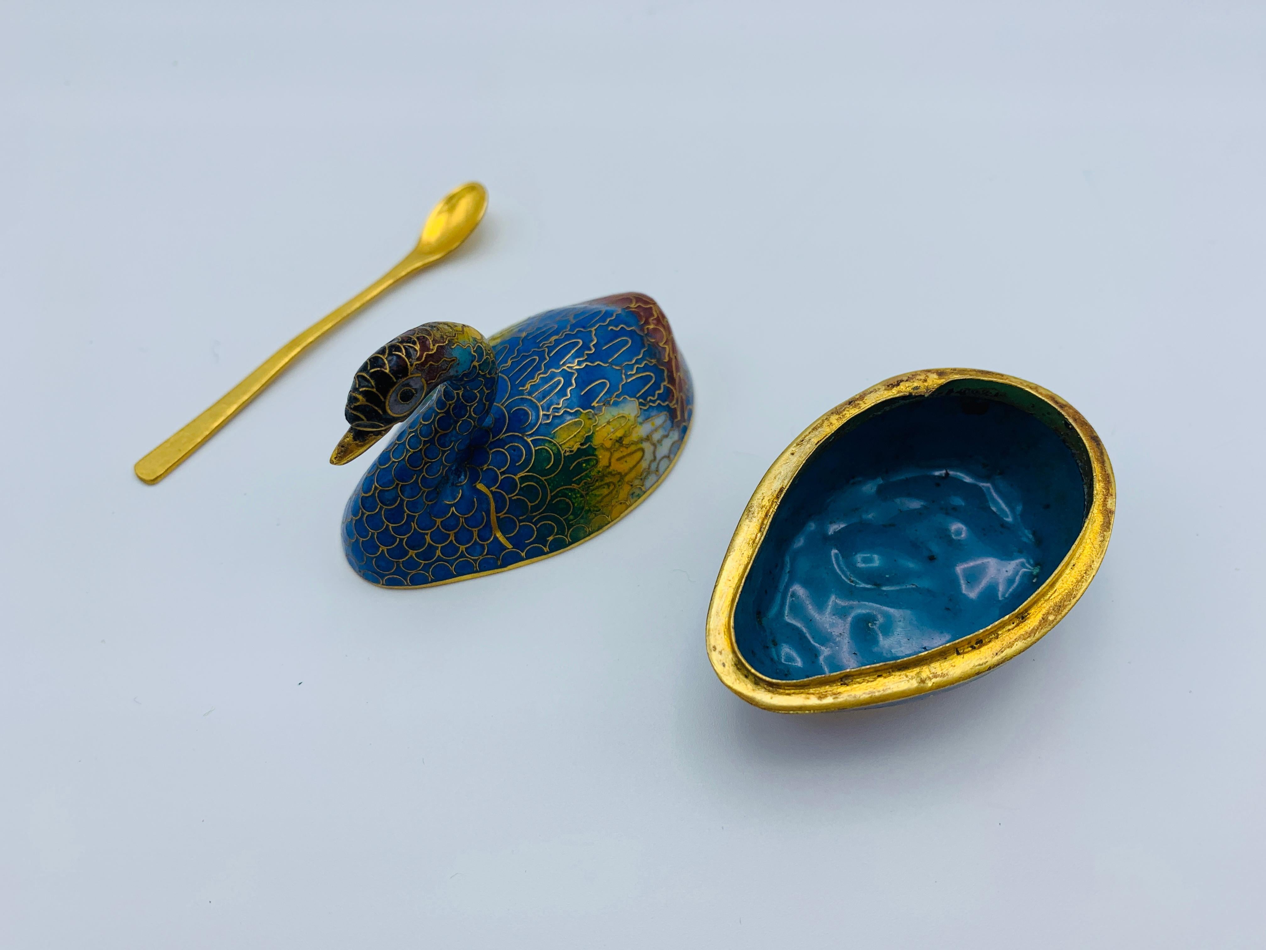 1960s Cloisonné Blue and Red Swan Salt Cellars, Pair For Sale 11