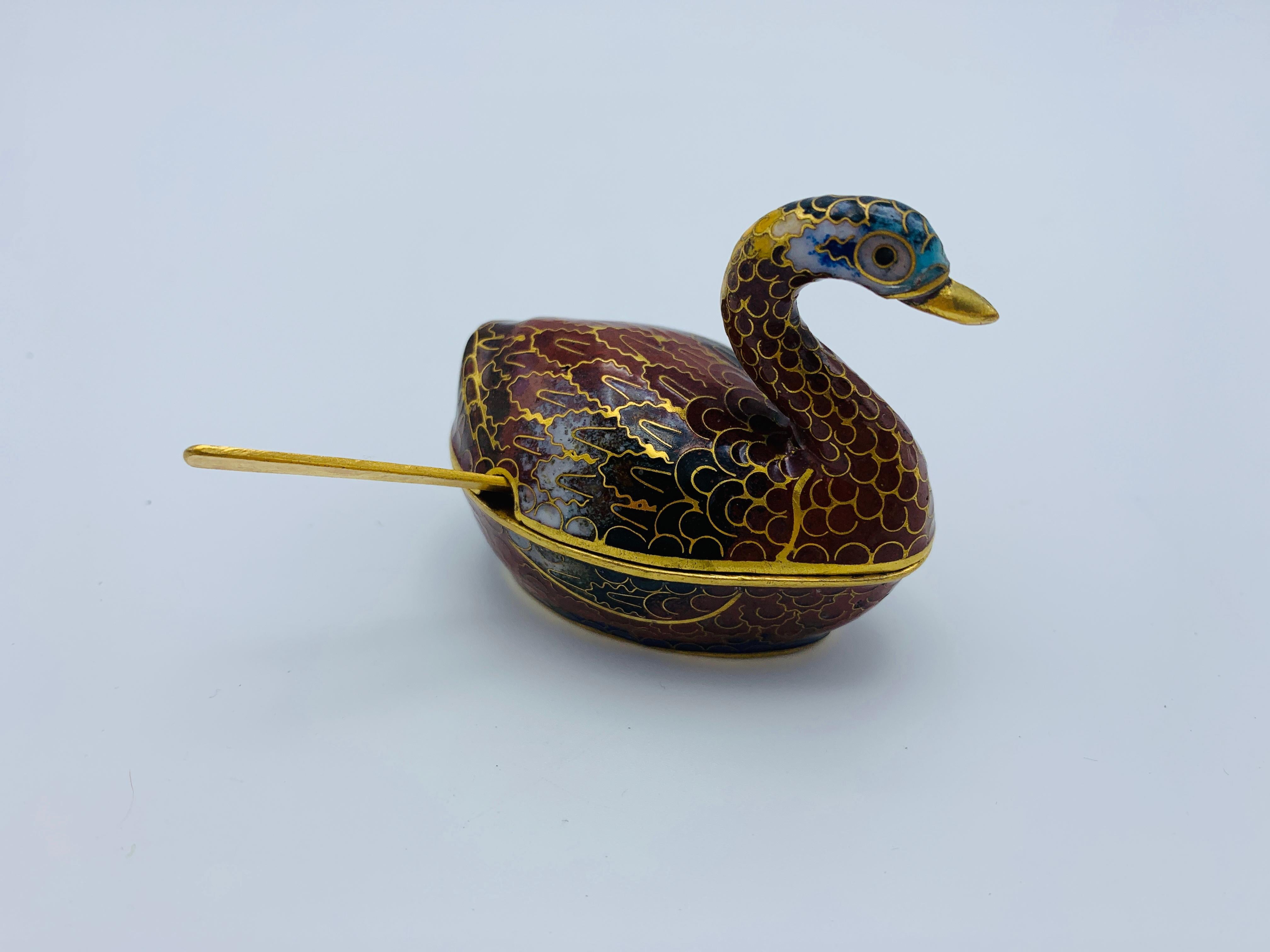 1960s Cloisonné Blue and Red Swan Salt Cellars, Pair For Sale 12
