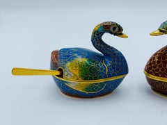 1960s Cloisonné Blue and Red Swan Salt Cellars, Pair