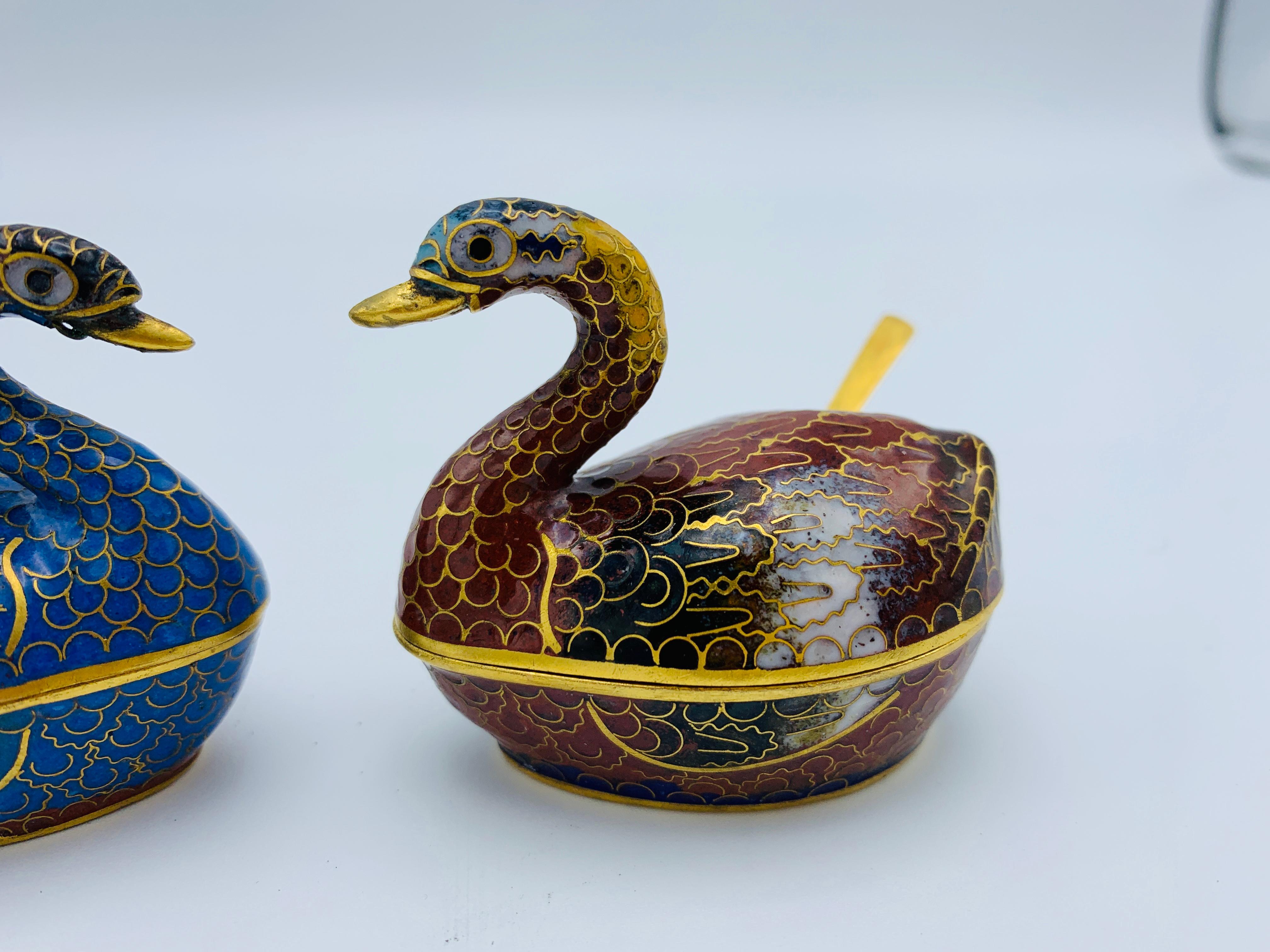 Chinoiserie 1960s Cloisonné Blue and Red Swan Salt Cellars, Pair For Sale