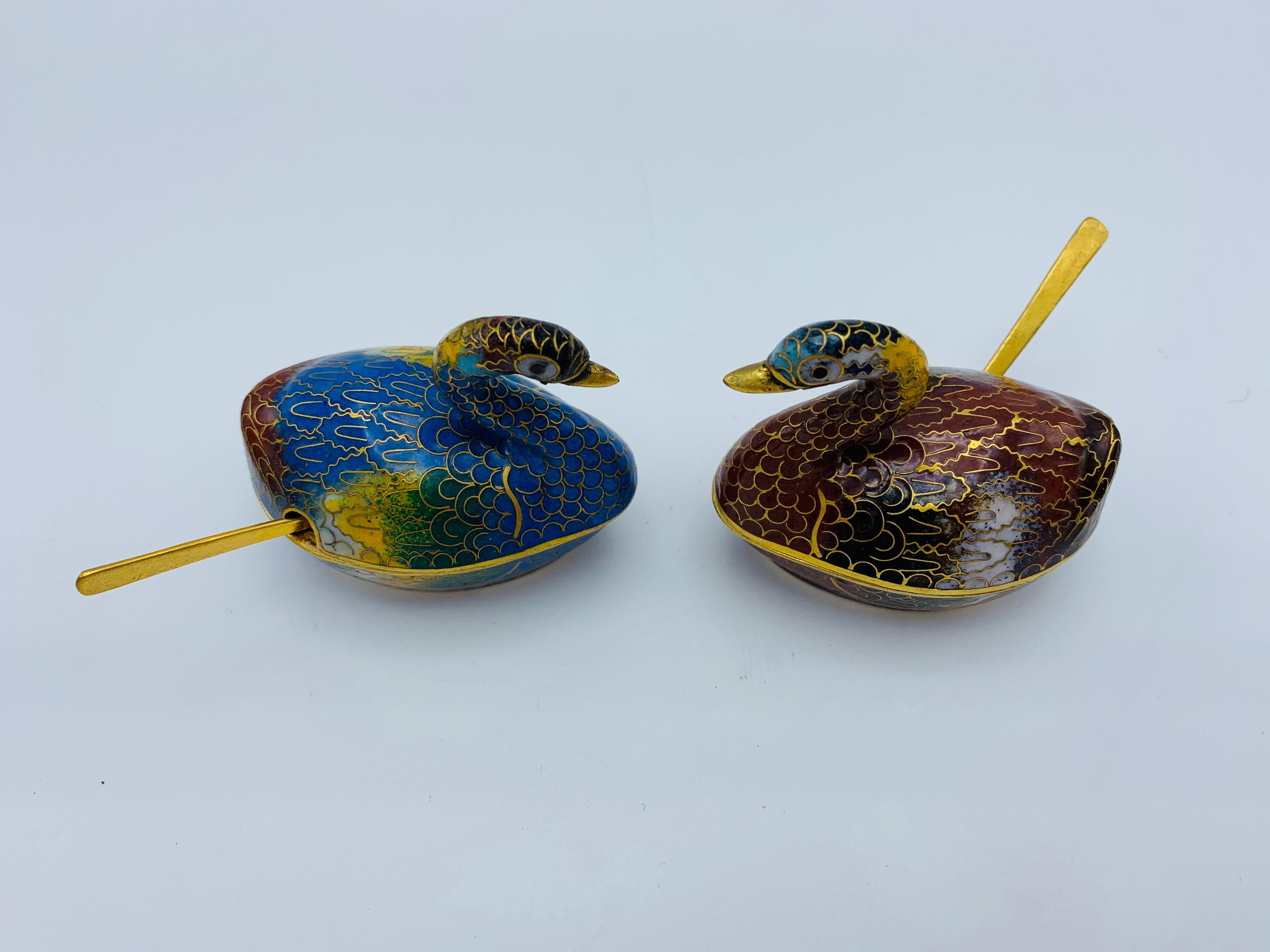 Cloissoné 1960s Cloisonné Blue and Red Swan Salt Cellars, Pair For Sale