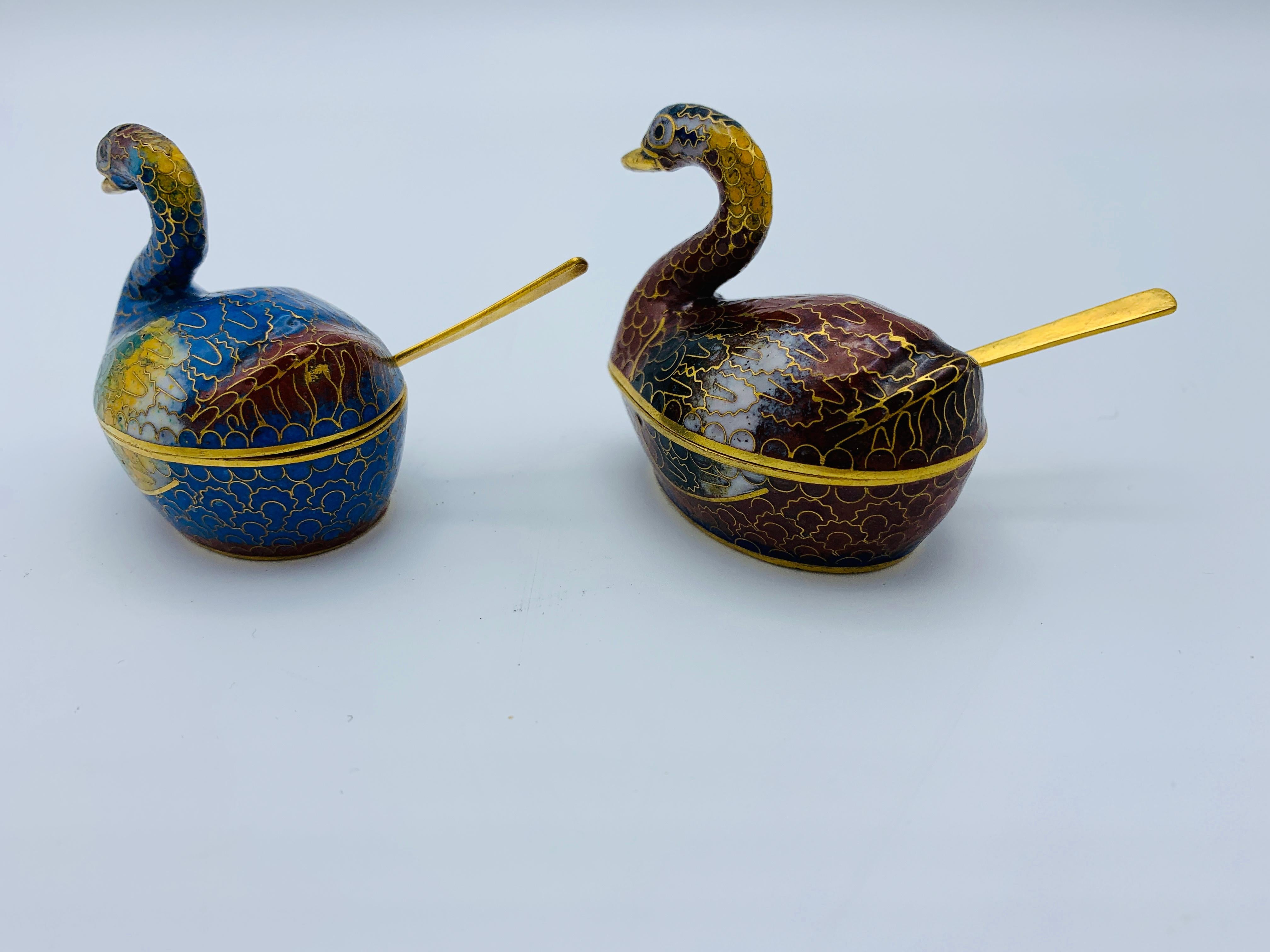 20th Century 1960s Cloisonné Blue and Red Swan Salt Cellars, Pair For Sale